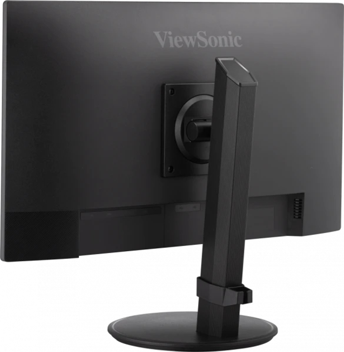 Back view of a black monitor with a black stand. The brand ViewSonic is printed on it.