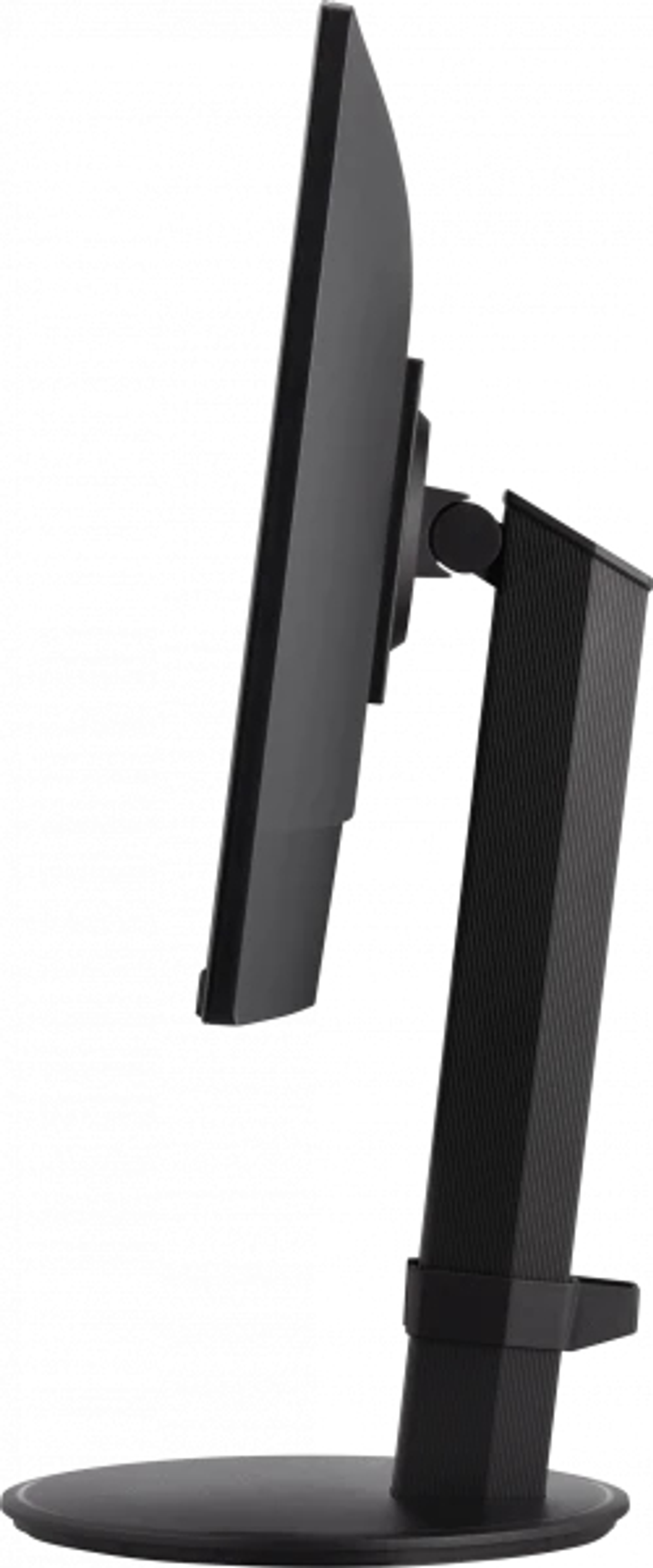 Side view of a black computer monitor on a stand, showing the screen and the stand.