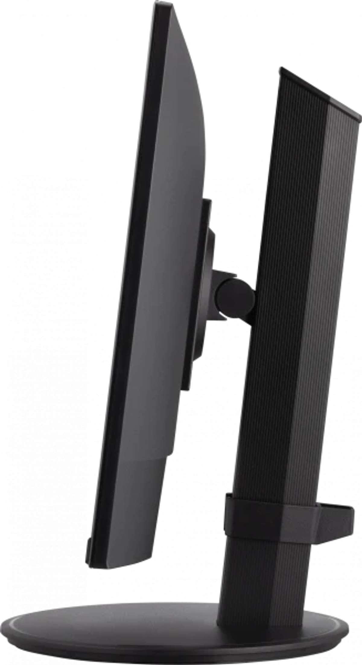 Side view of a black monitor on a stand, showing the screen, stand, and a black frame.
