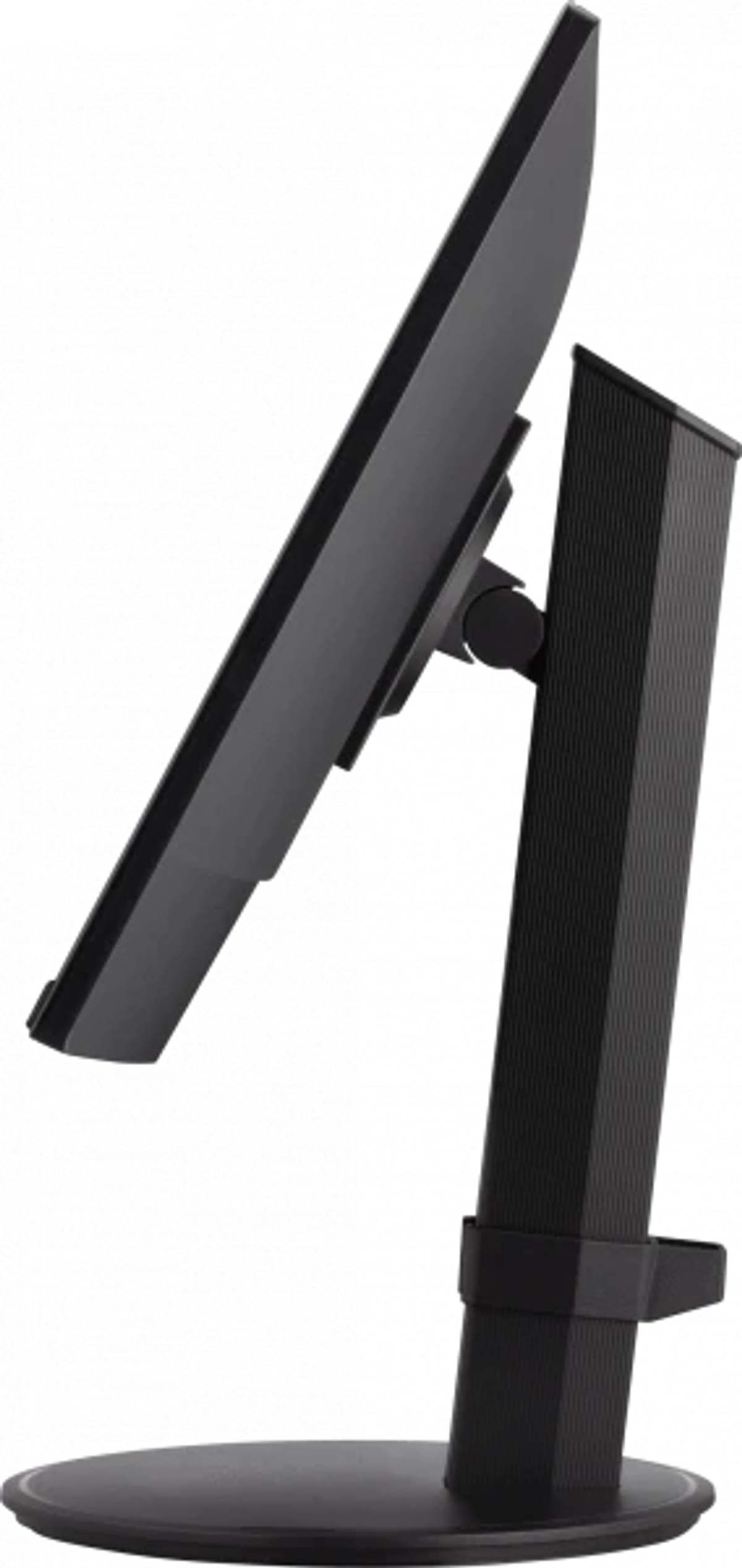 Black computer monitor on a black stand. Angled view, side profile.