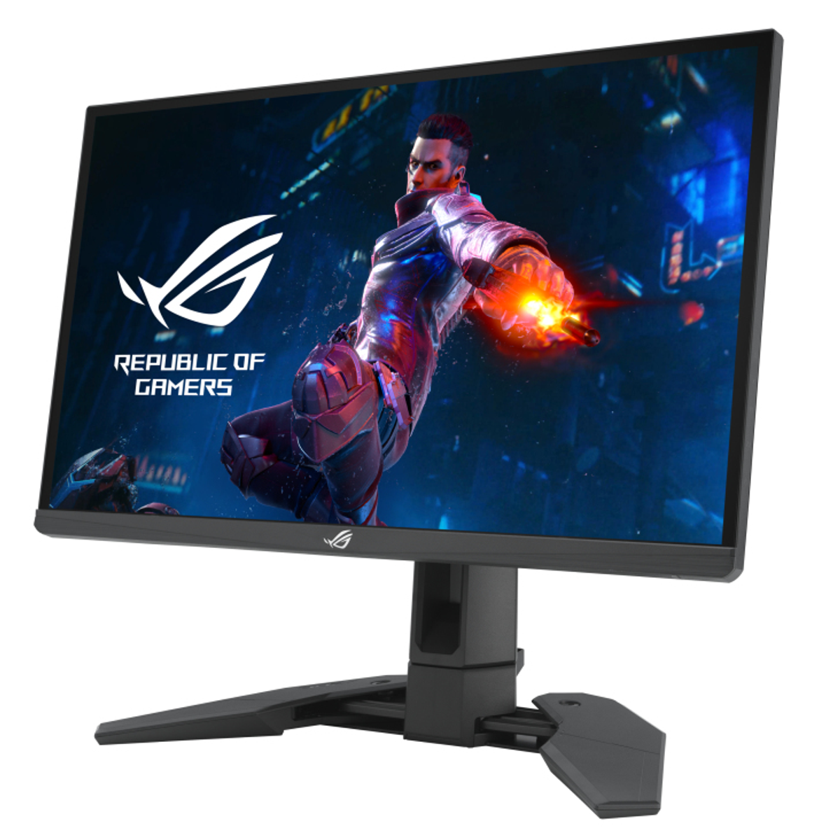 Un monitor del computer nero con una persona sullo schermo che tiene una luce.