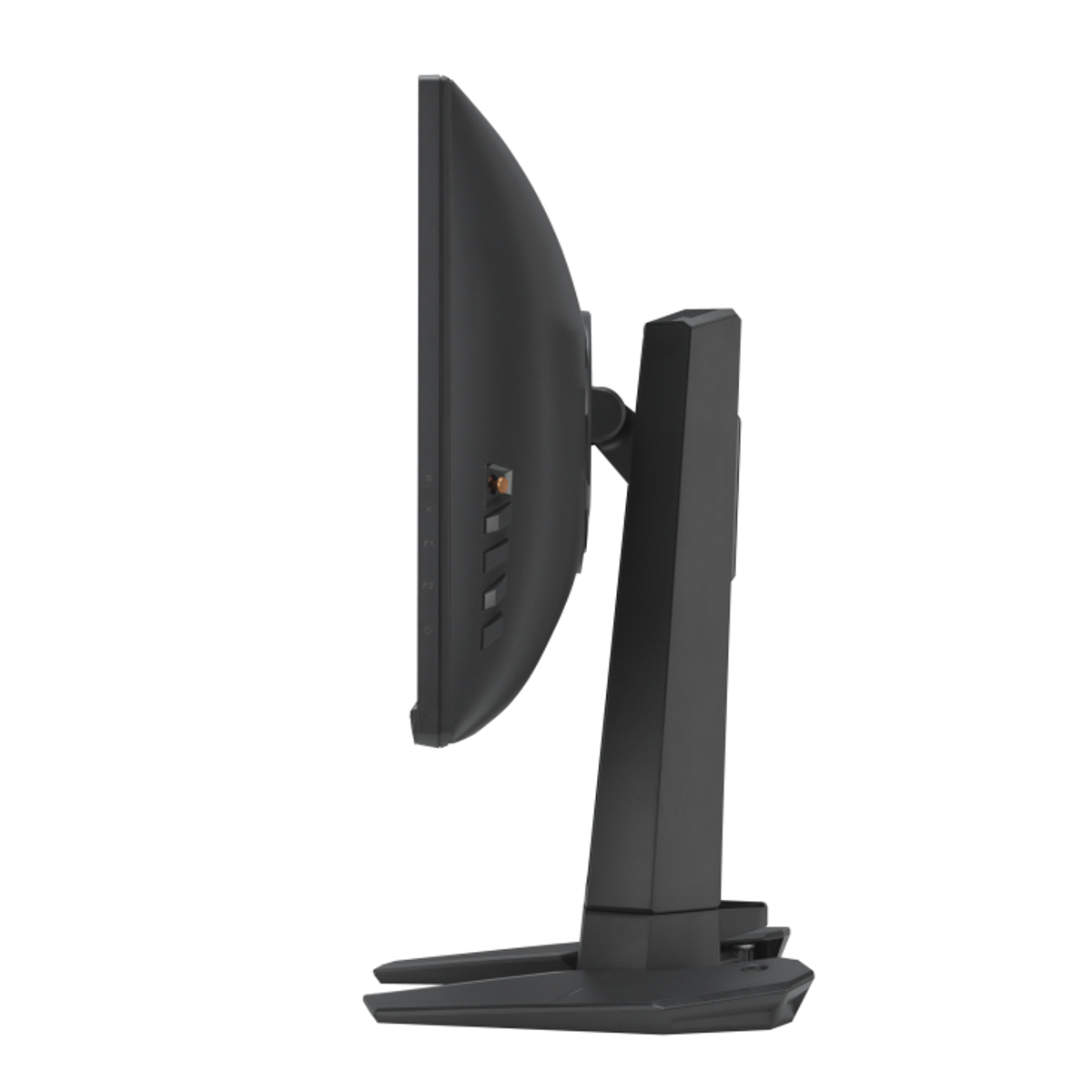Vista laterale di un monitor nero con supporto.