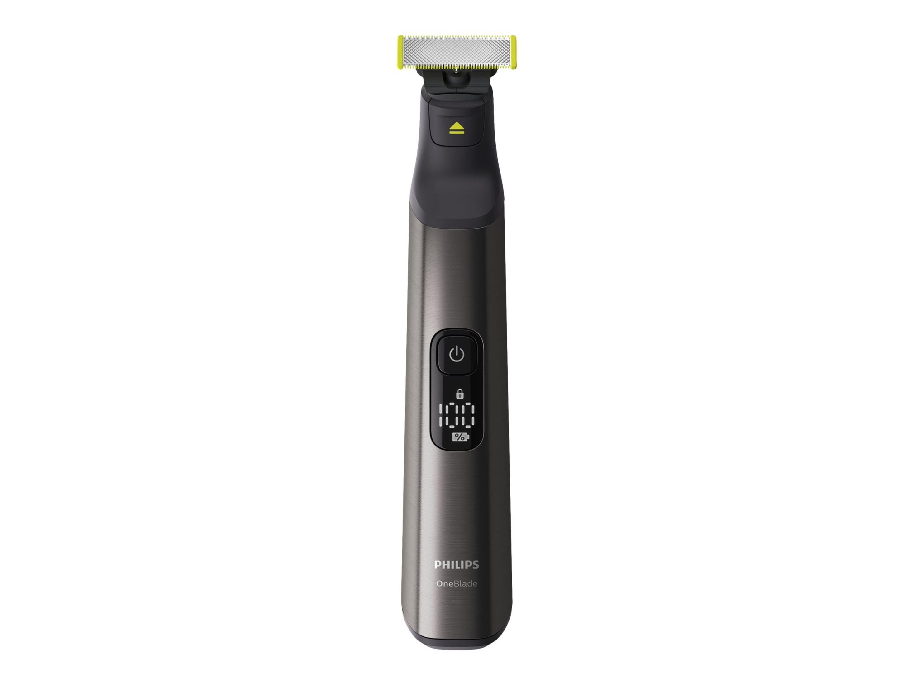 Rifinitore Philips OneBlade con lama gialla, pulsante di accensione e display digitale, su sfondo bianco.