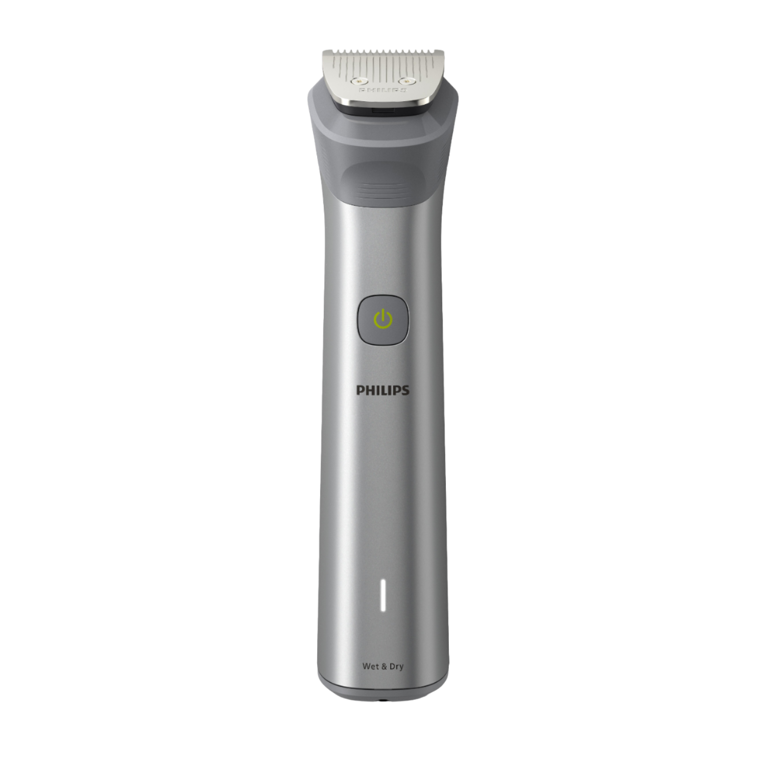 Ein silberner Philips Bodygroomer mit grünem Einschaltknopf und Wet & Dry-Anzeige.