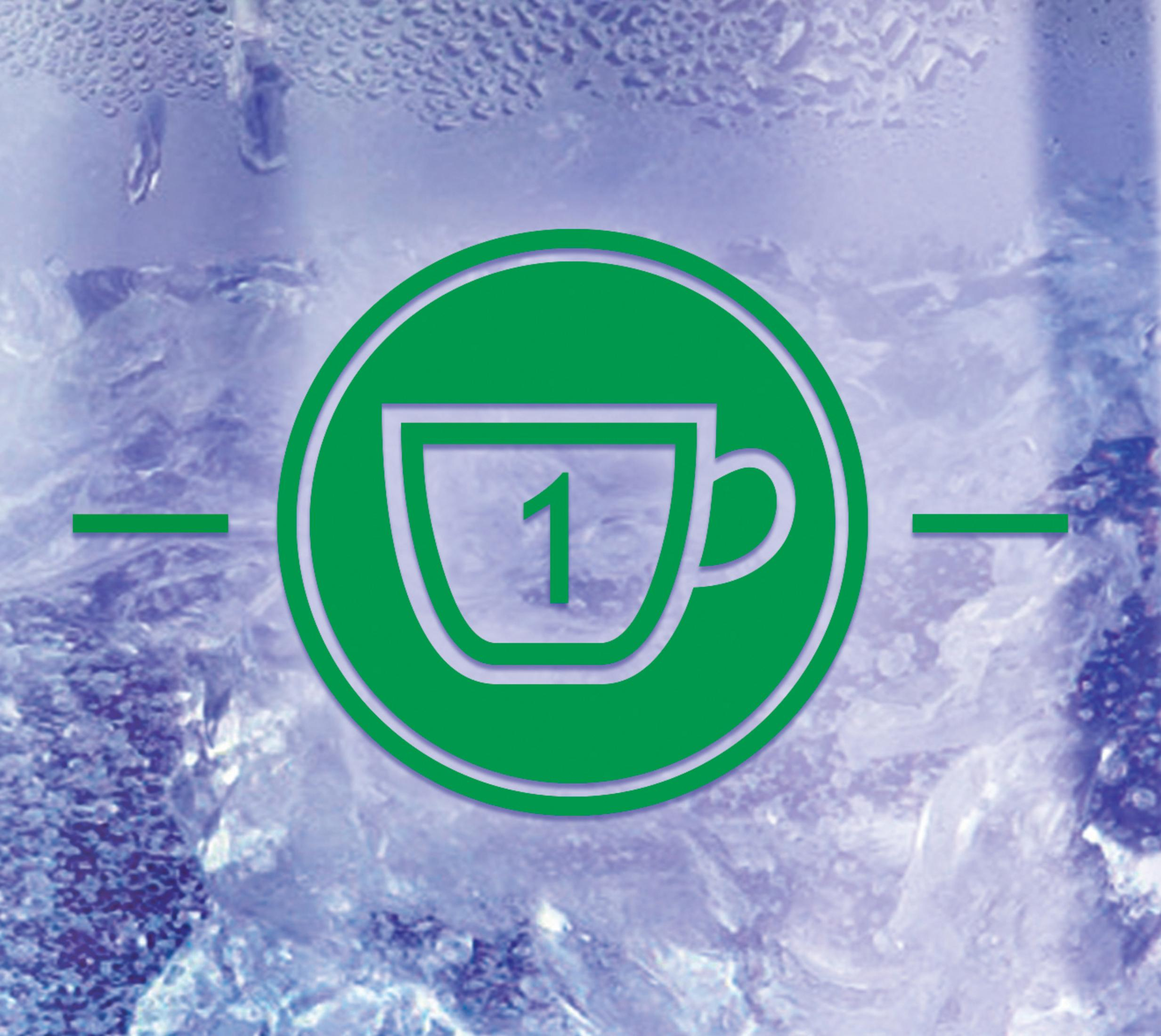Ein grüner Kreis mit einem Tassen-Symbol und der Zahl 1 auf blauem Hintergrund.