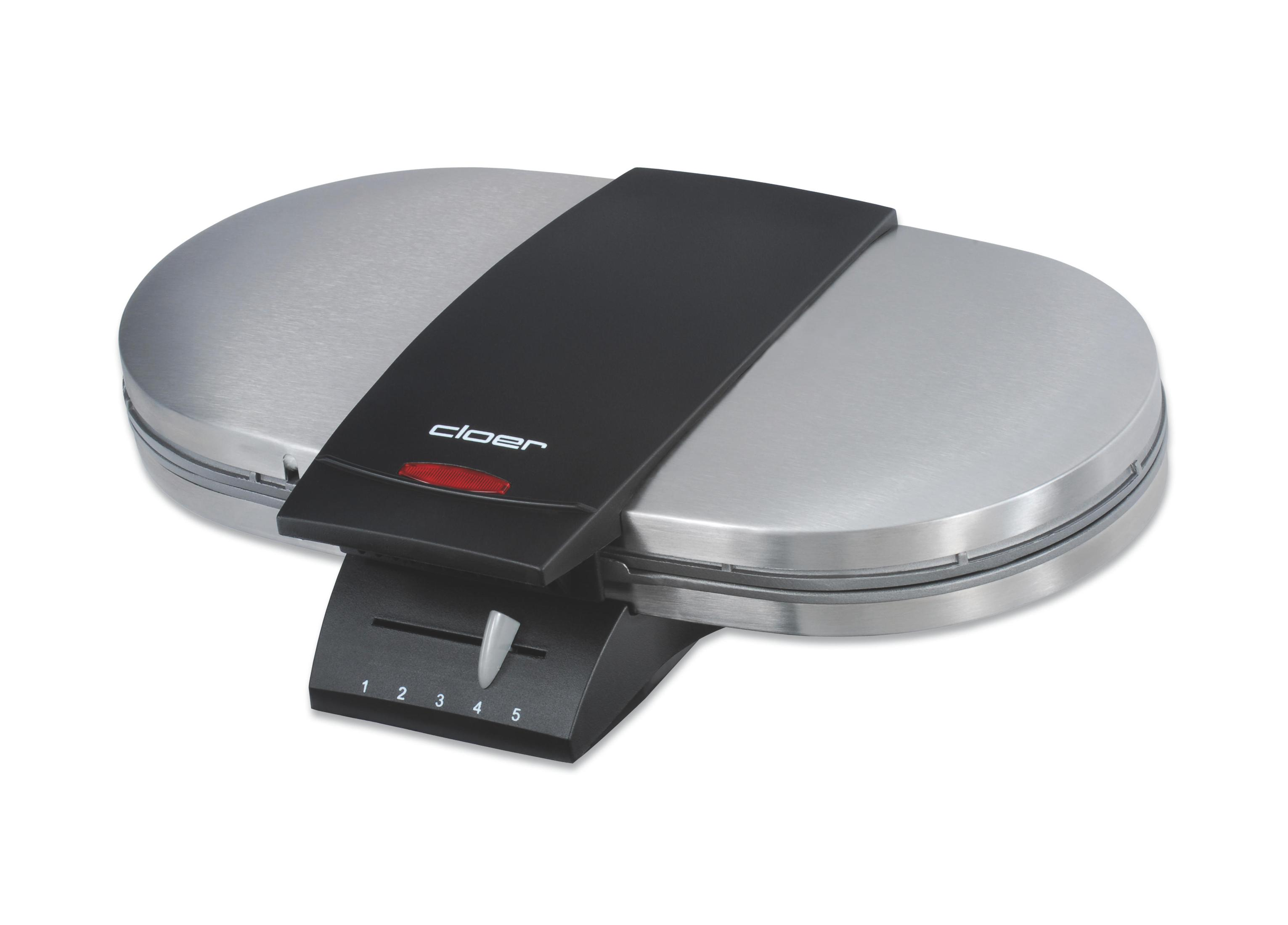 Srebrna gofrownica, czarny uchwyt i elementy sterujące. Cyfry 1-5 i czerwone światło.