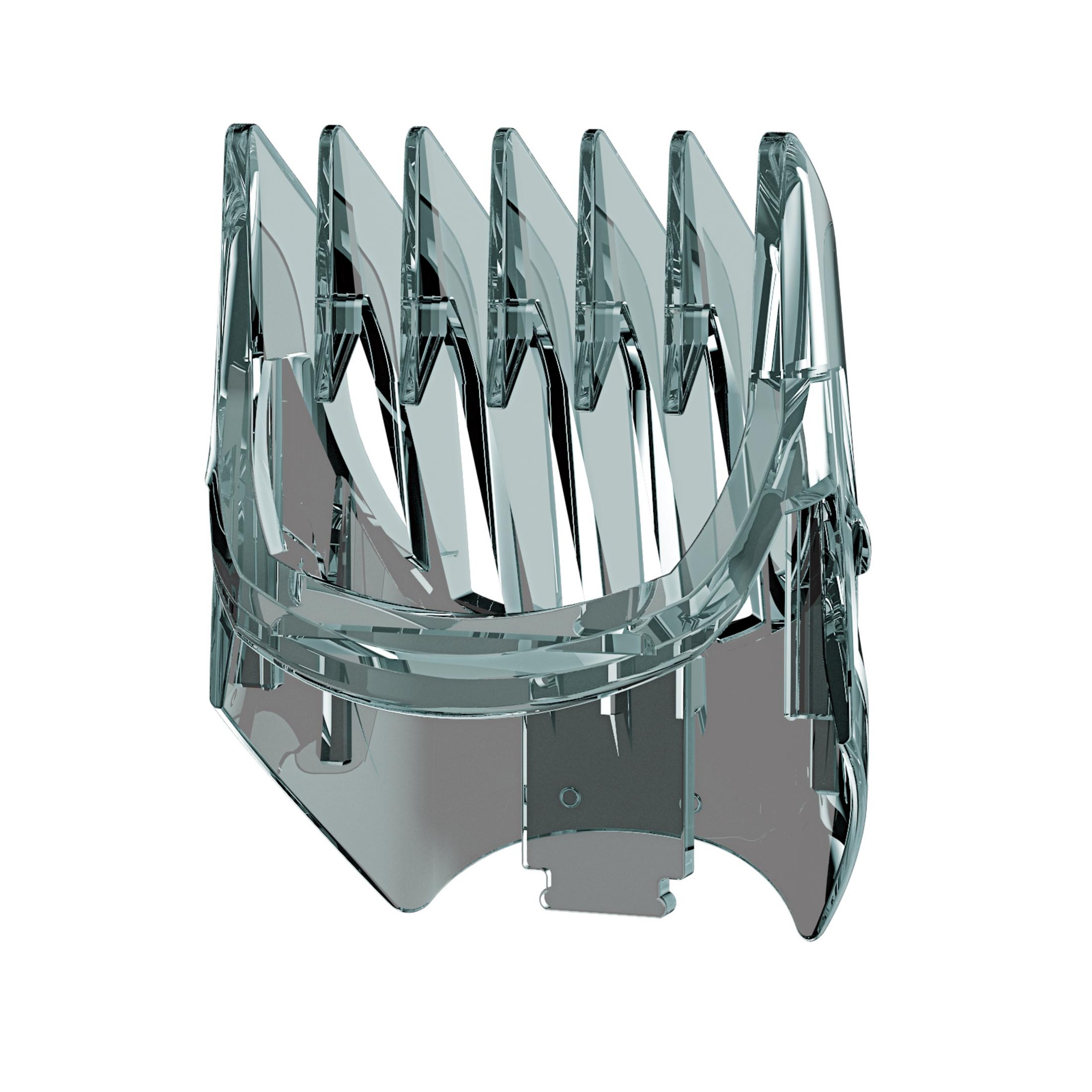 Przezroczysta osłona do maszynki do włosów, pokazująca zęby grzebienia.