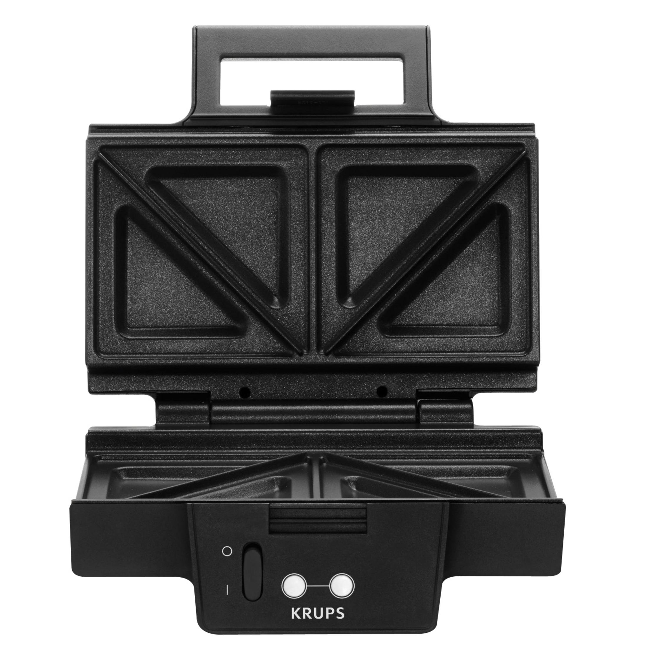 Czarny opiekacz do kanapek z otwartą pokrywą.