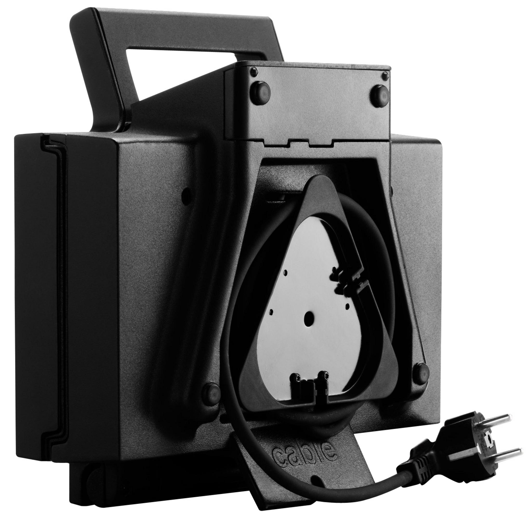 Czarny bęben kablowy z uchwytem i dołączoną wtyczką.