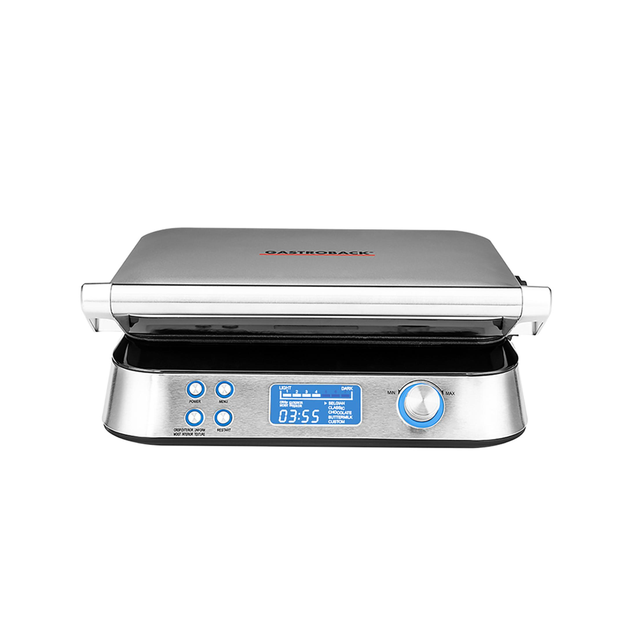Srebrny i czarny grill z cyfrowym wyświetlaczem pokazującym timer. Tekst: GASTRO RACK.