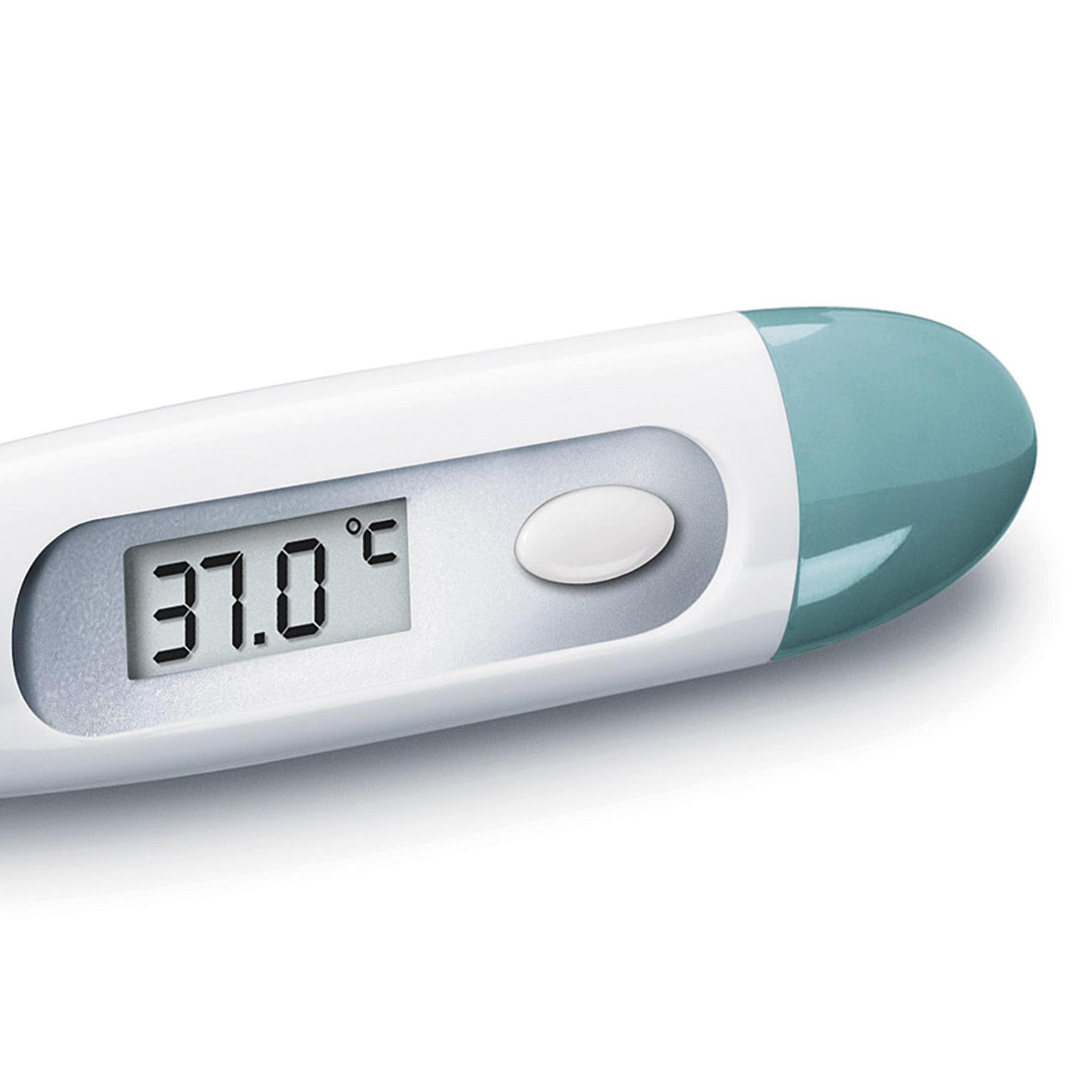 Digitales Thermometer, das 37,0 Grad Celsius auf weißem Hintergrund anzeigt.