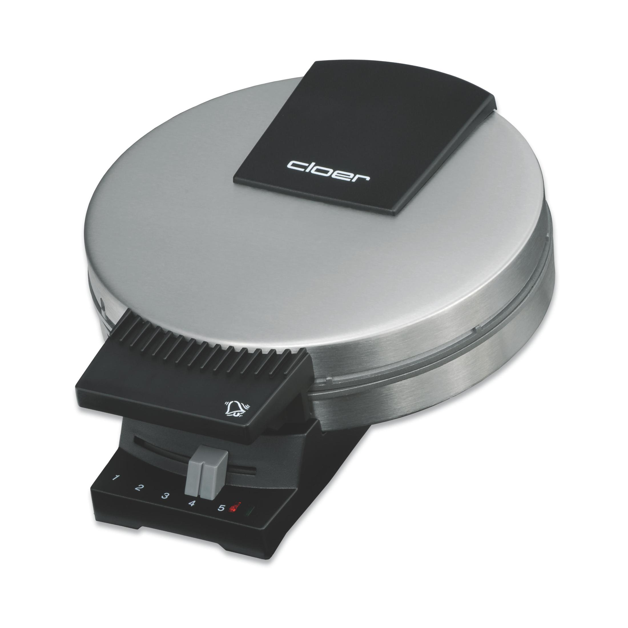 Gofrownica, srebrna i czarna, z zamkniętą pokrywą i numerowanymi ustawieniami.