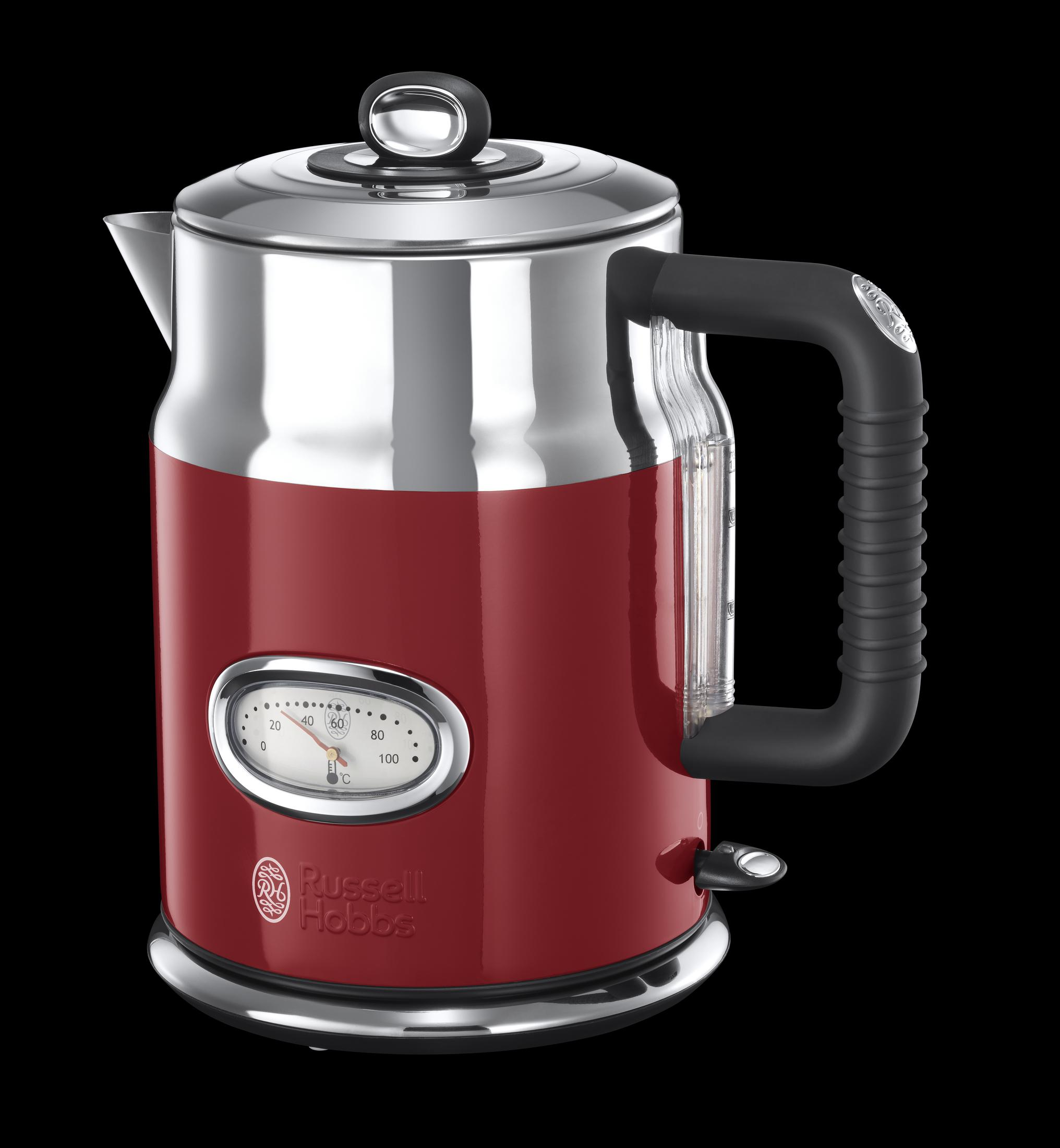 Roter und silberner Wasserkocher mit Thermometer und schwarzem Griff. Schwarzer Hintergrund.