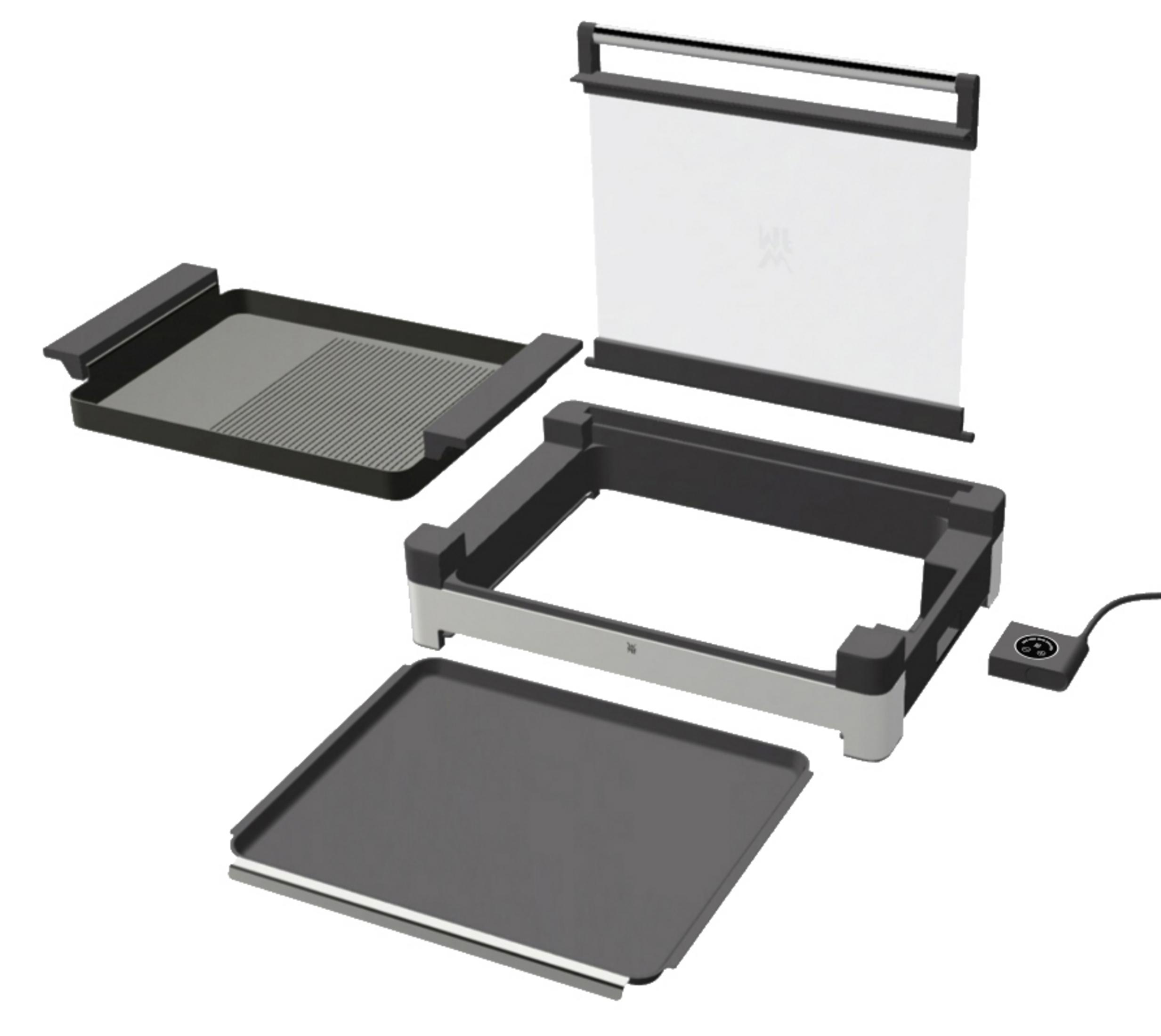 Zdemontowana płyta grillowa, z powierzchniami do gotowania, ramą i ekranem ochronnym.