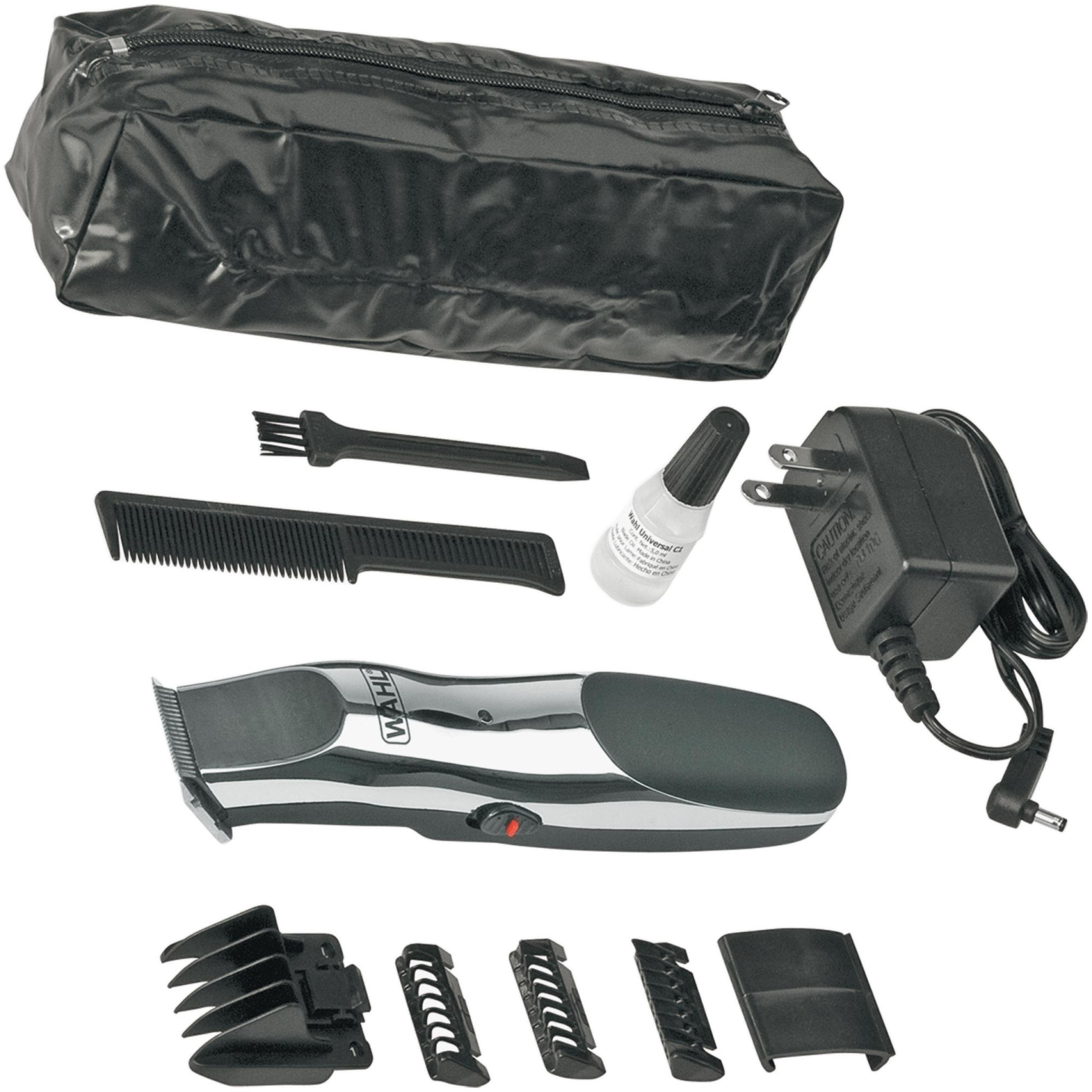 Ein Wahl Haarschneide-Set mit mehreren Aufsätzen, einschließlich Tasche, Kamm und Ladegerät.