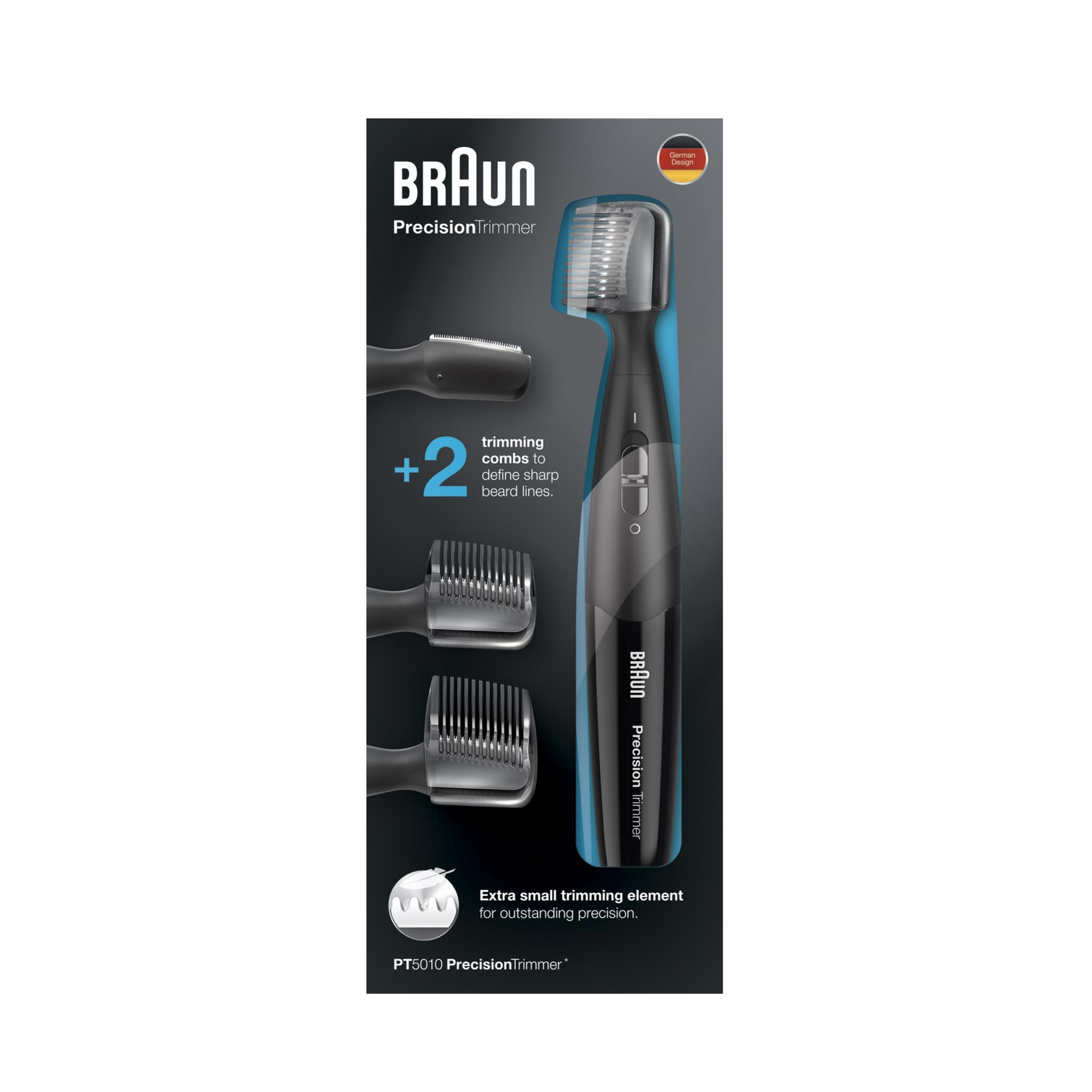 Eine Braun PrecisionTrimmer-Verpackung. Sie zeigt den Trimmer und drei Aufsätze.