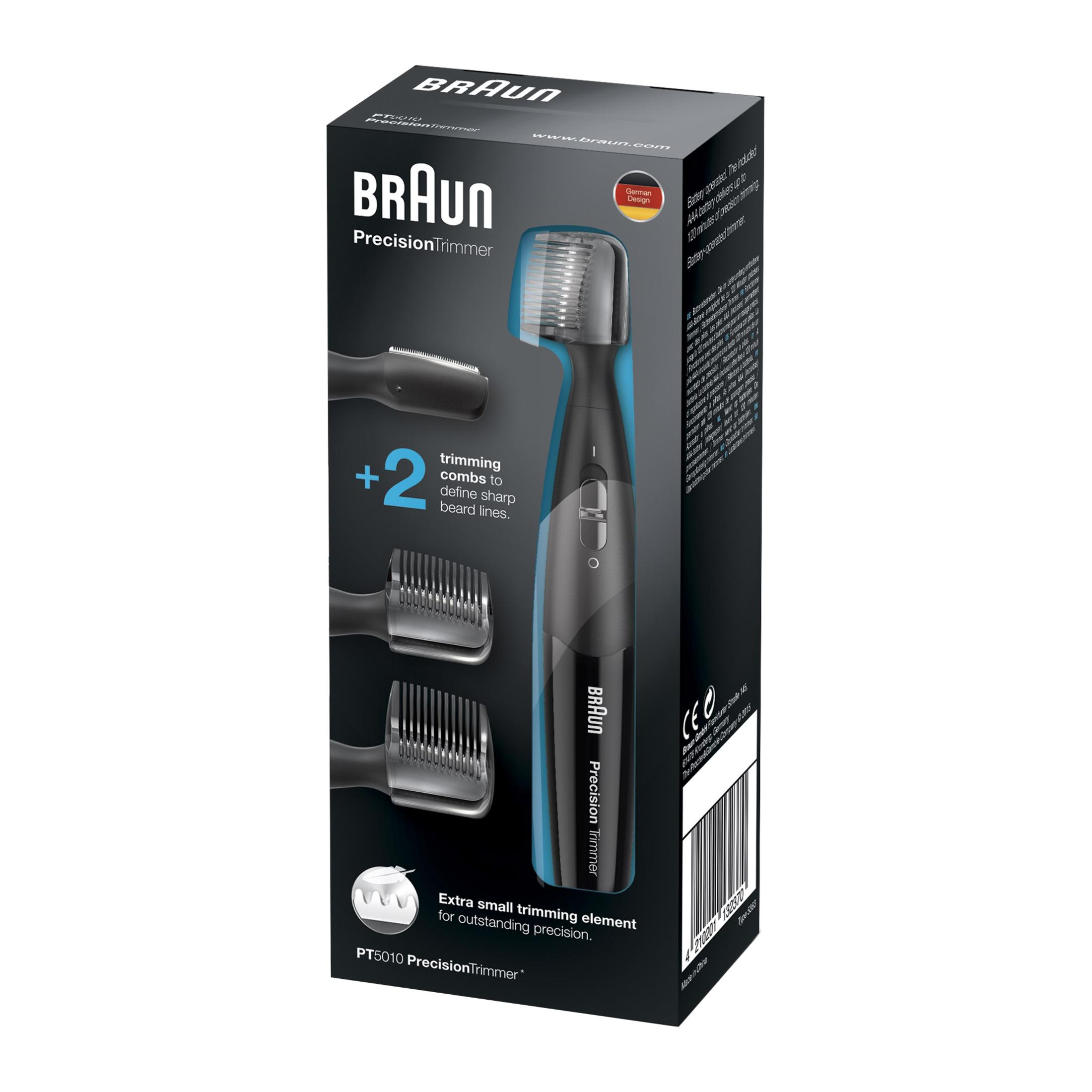 Braun Präzisionstrimmer-Box mit Trimmer und Aufsätzen, isoliert auf weißem Hintergrund.