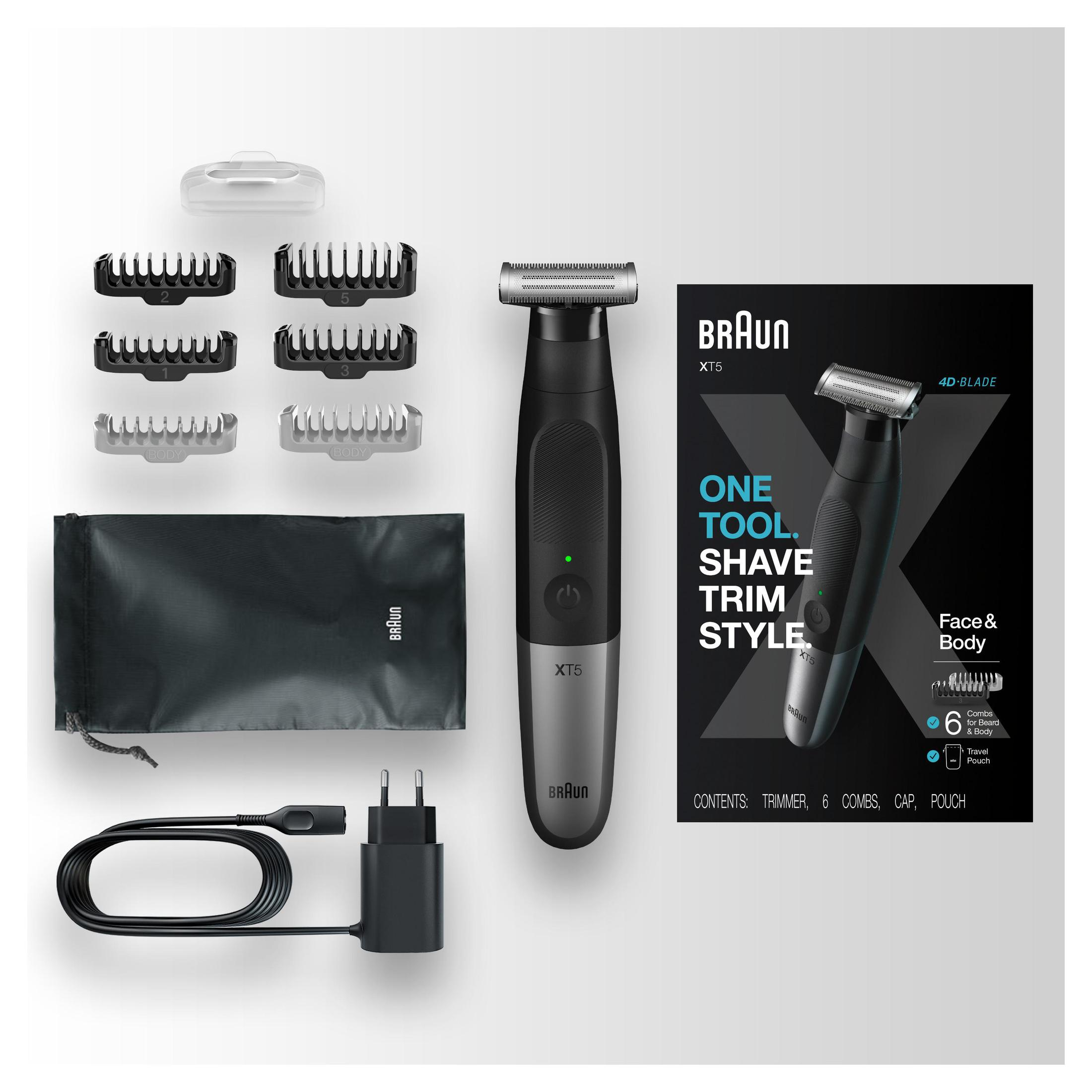 Un kit de recortadora Braun XT5 con accesorios sobre una superficie blanca. Incluye recortadora, peines y cargador.