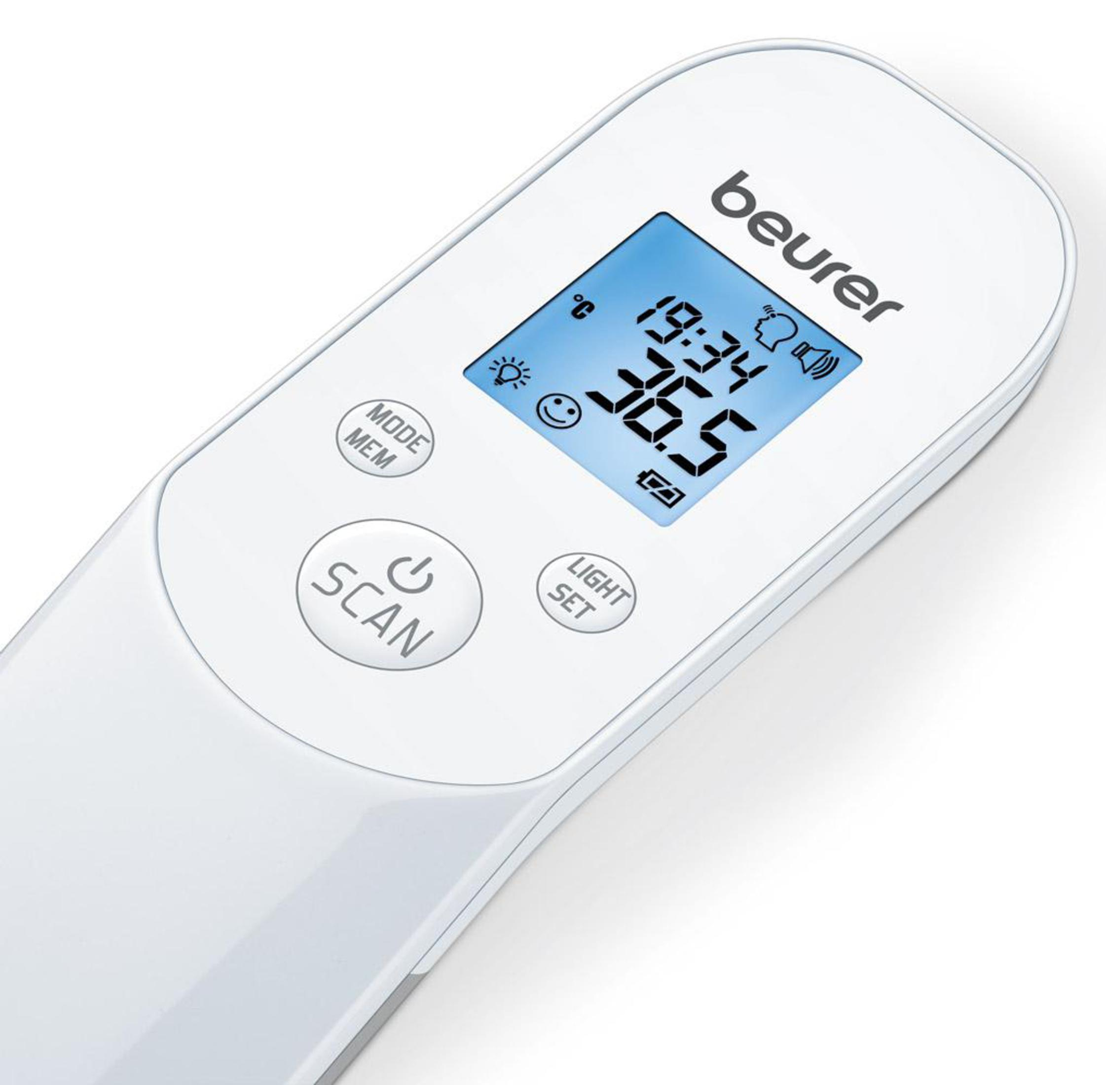 Digital thermometer. Screen shows temperature, time and other functions. White device.