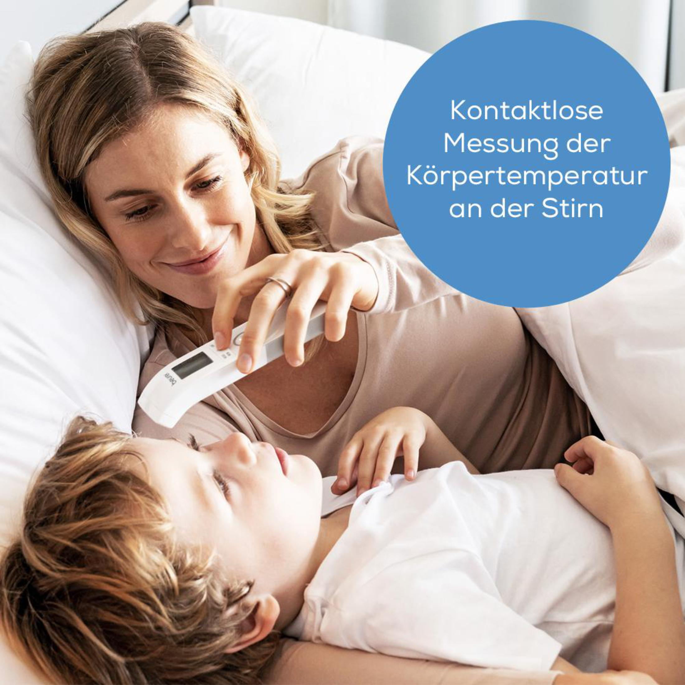 Woman taking temperature of a child with a thermometer. Text bubble says 'Non-contact forehead temperature'.