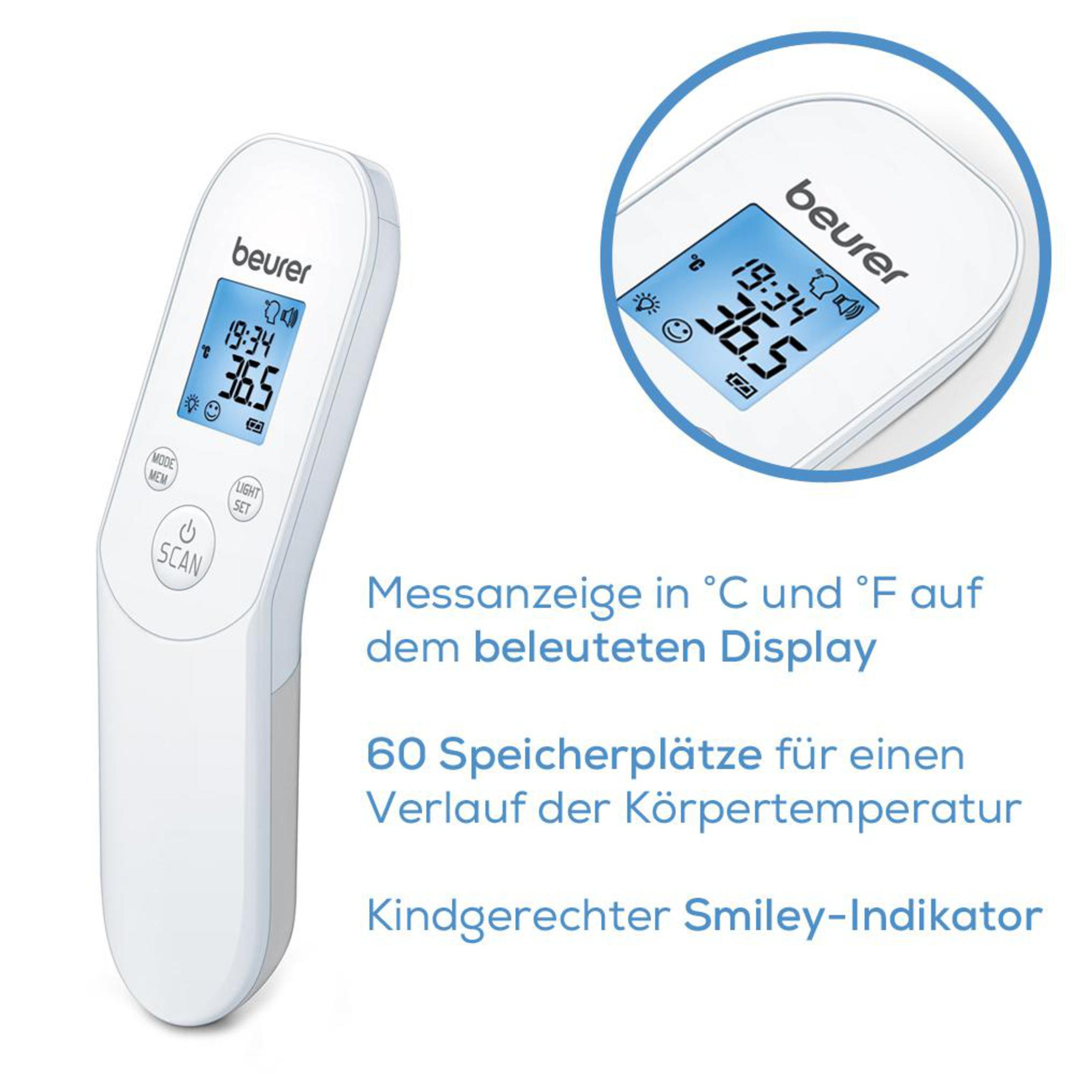 White digital thermometer displaying temperature. Text below describes features in German: temperature display, memory, and smiley.