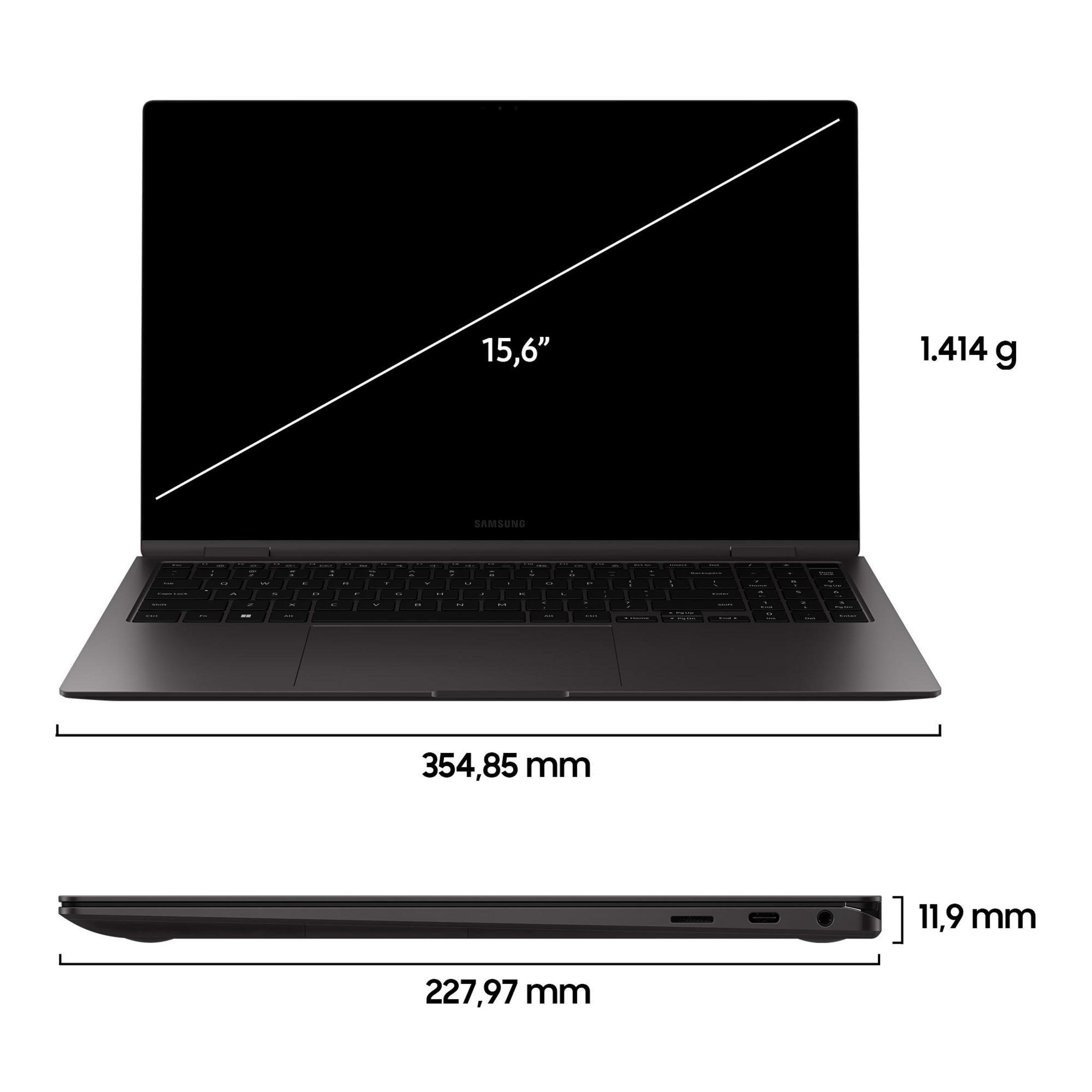 Ein schwarzer Laptop mit 15,6" Bildschirm, Abmessungen und Gewichtsangaben.