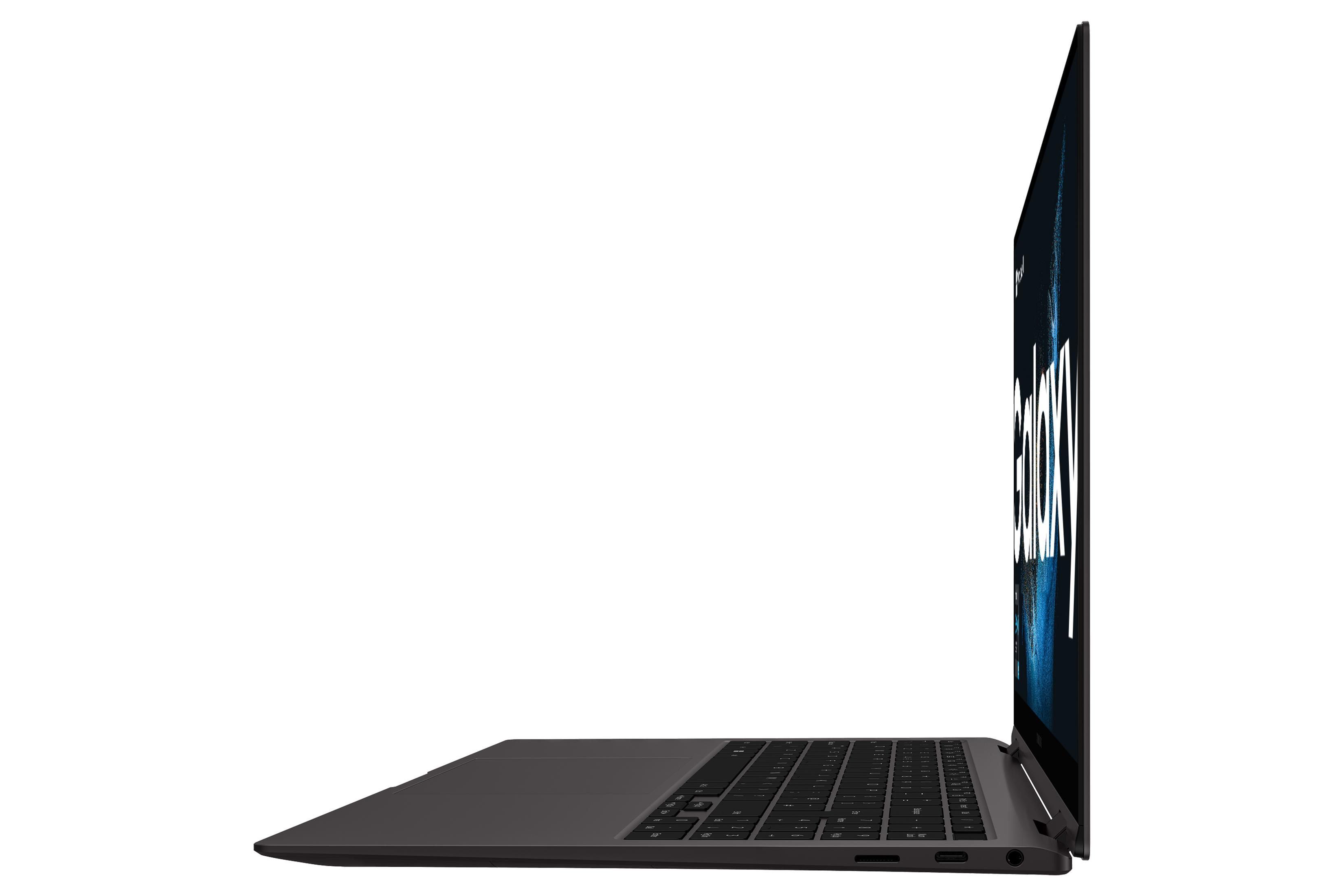 Seitenansicht eines grauen Laptops mit schwarzer Tastatur auf weißem Hintergrund.