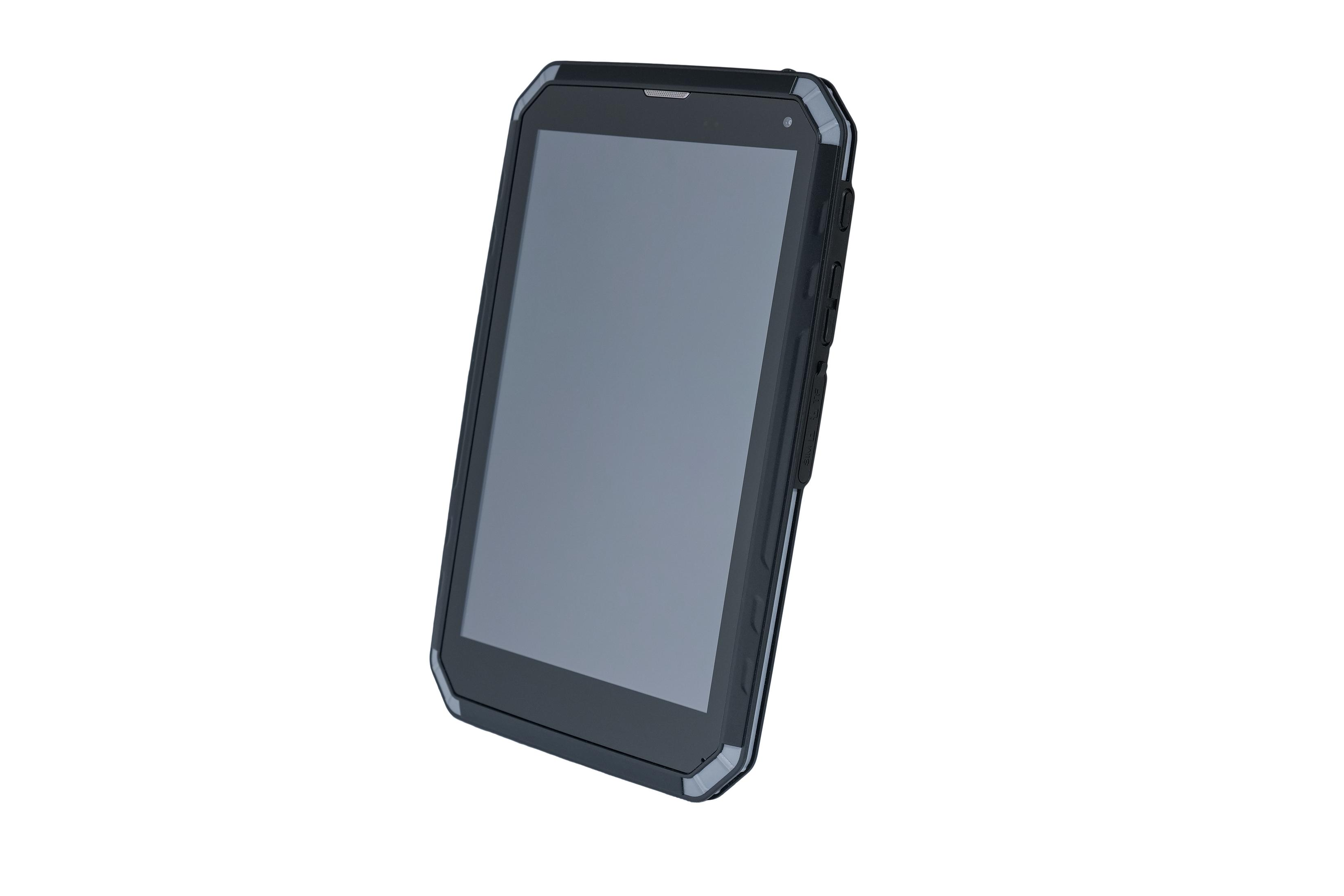 Schwarzes, robustes Tablet mit dunklem Bildschirm.