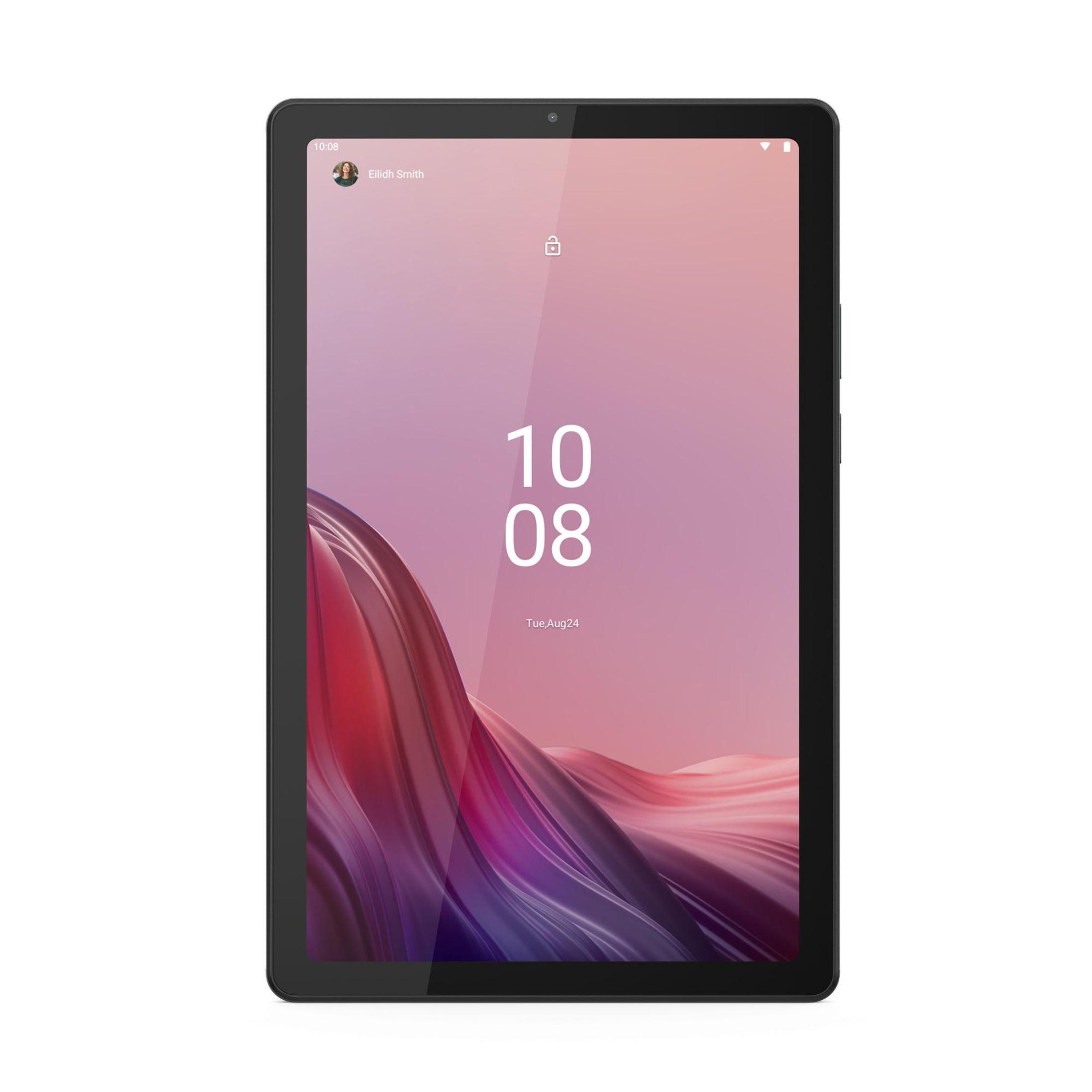 Tableta negra que muestra la hora y la fecha en la pantalla.
