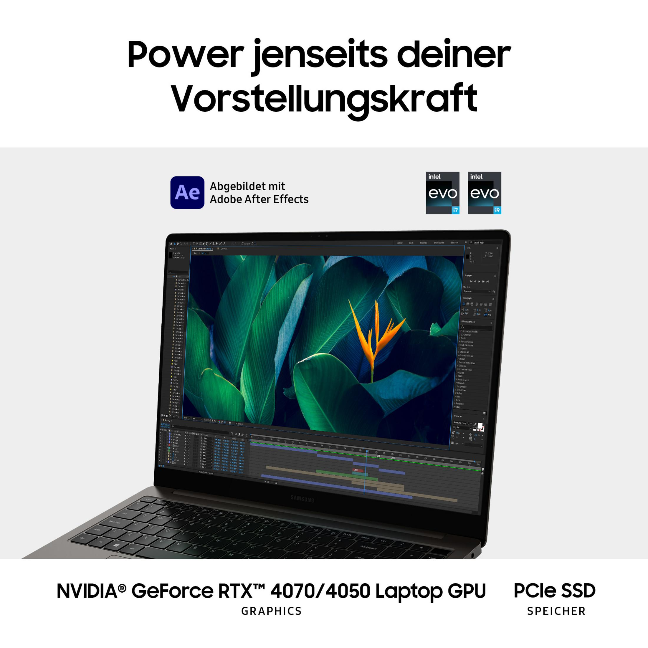 Un laptop che mostra un software di editing video, con testo sulle funzionalità.