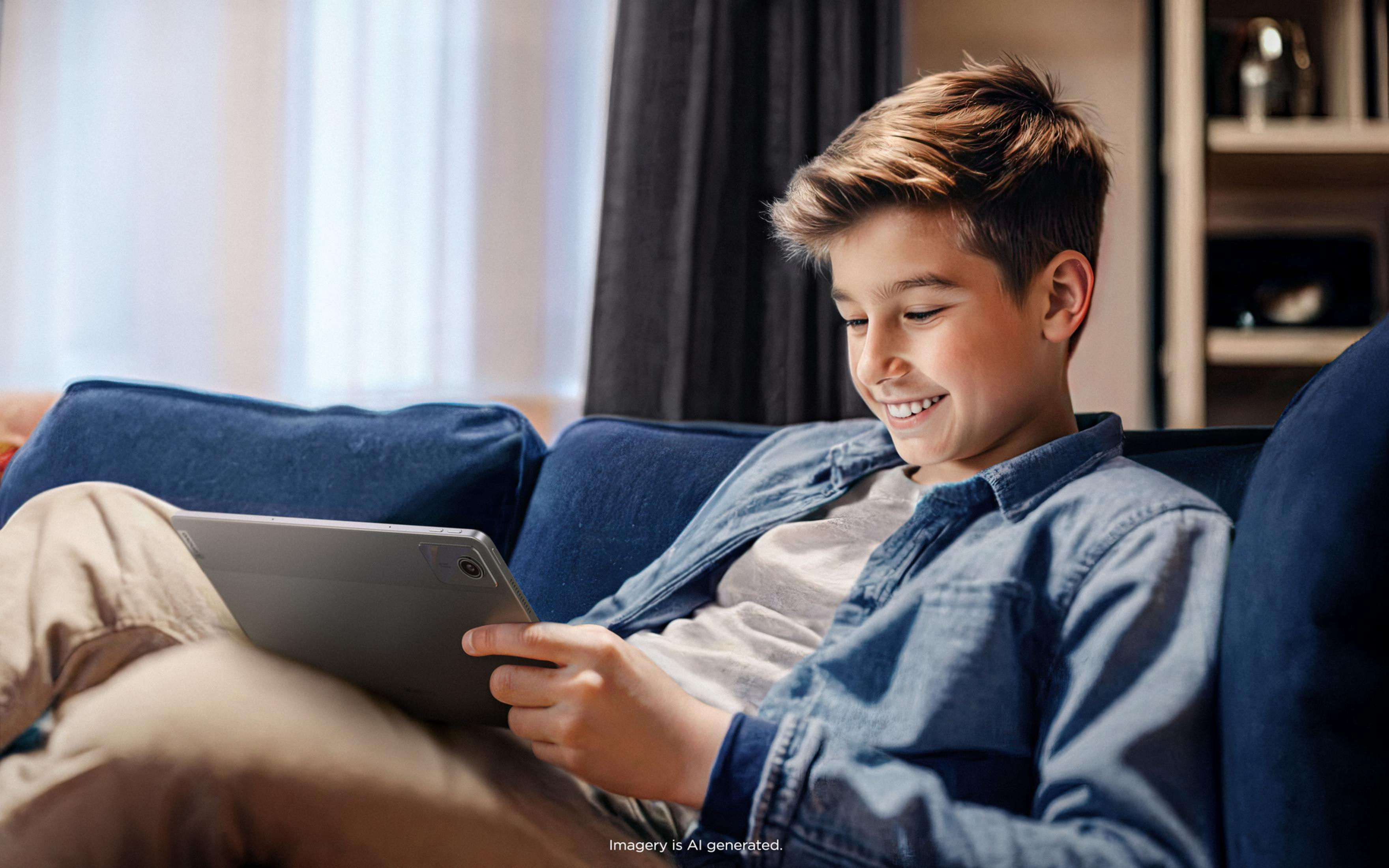Chłopiec uśmiecha się, używając tabletu na niebieskiej sofie. Ma na sobie dżinsową koszulę. W tle znajduje się okno.