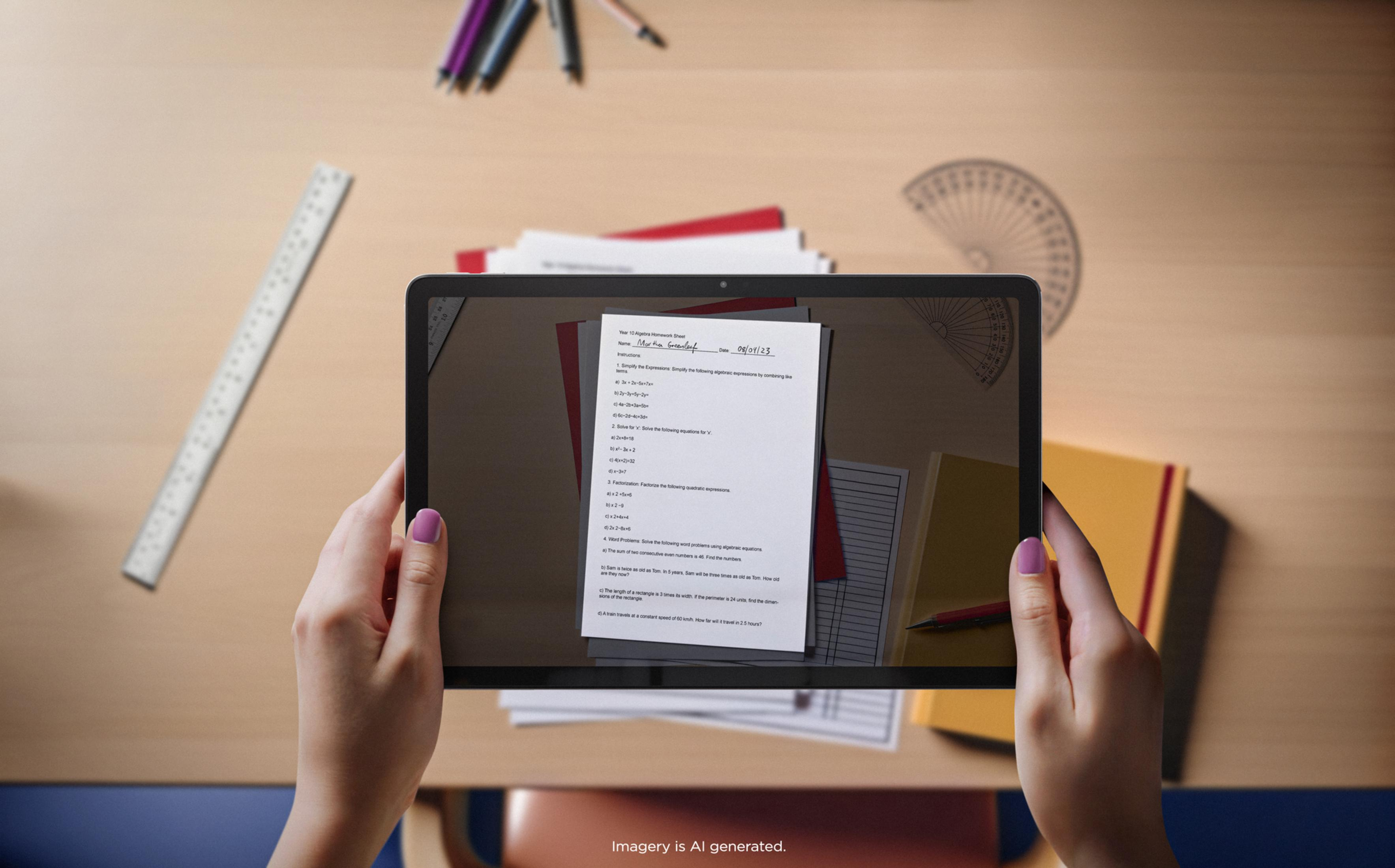 Ręce trzymające tablet z zadaniem na drewnianym stole z przyborami.