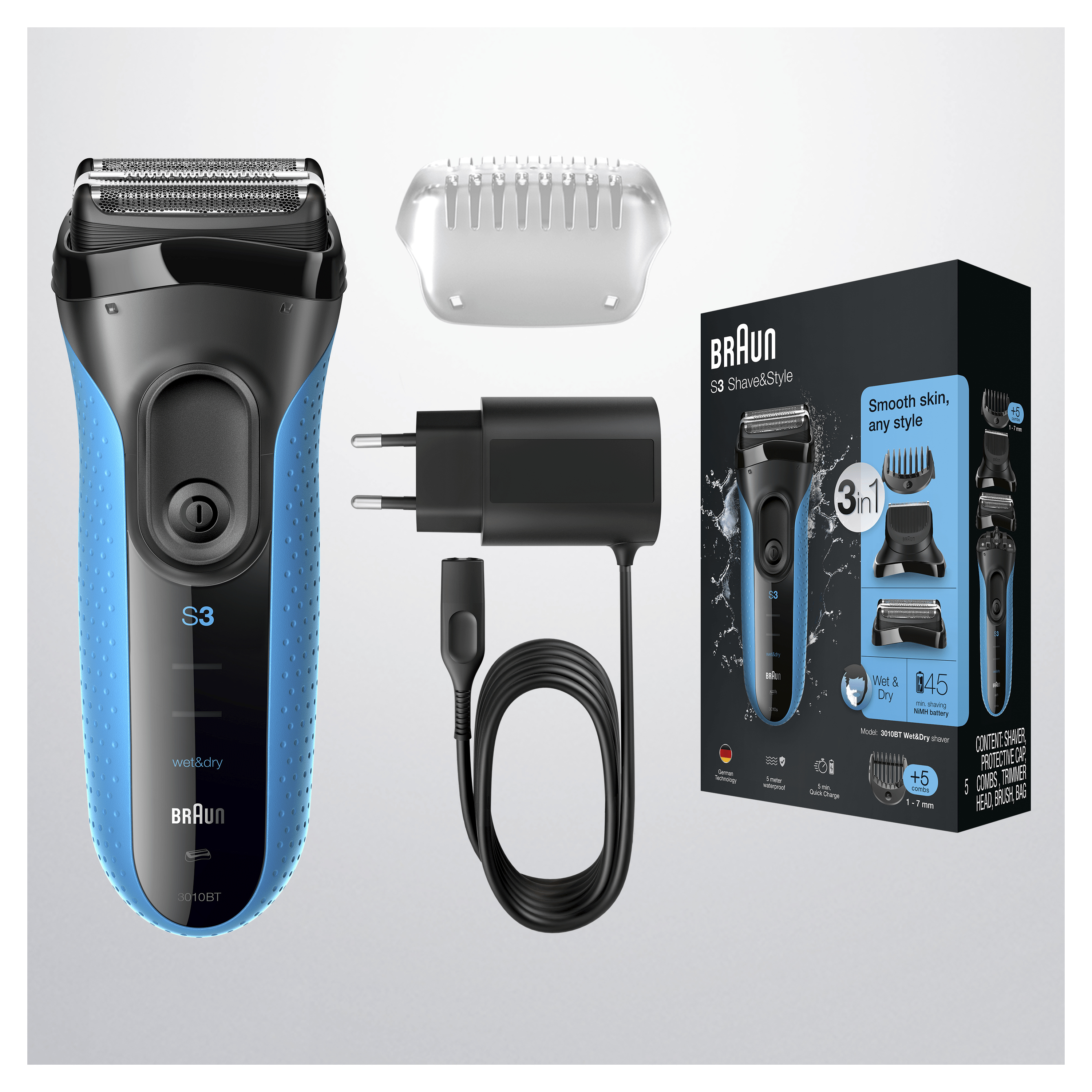 Ein Rasierer-Set mit blauem und schwarzem Rasierer, Reinigungskopf, Ladegerät und Box.