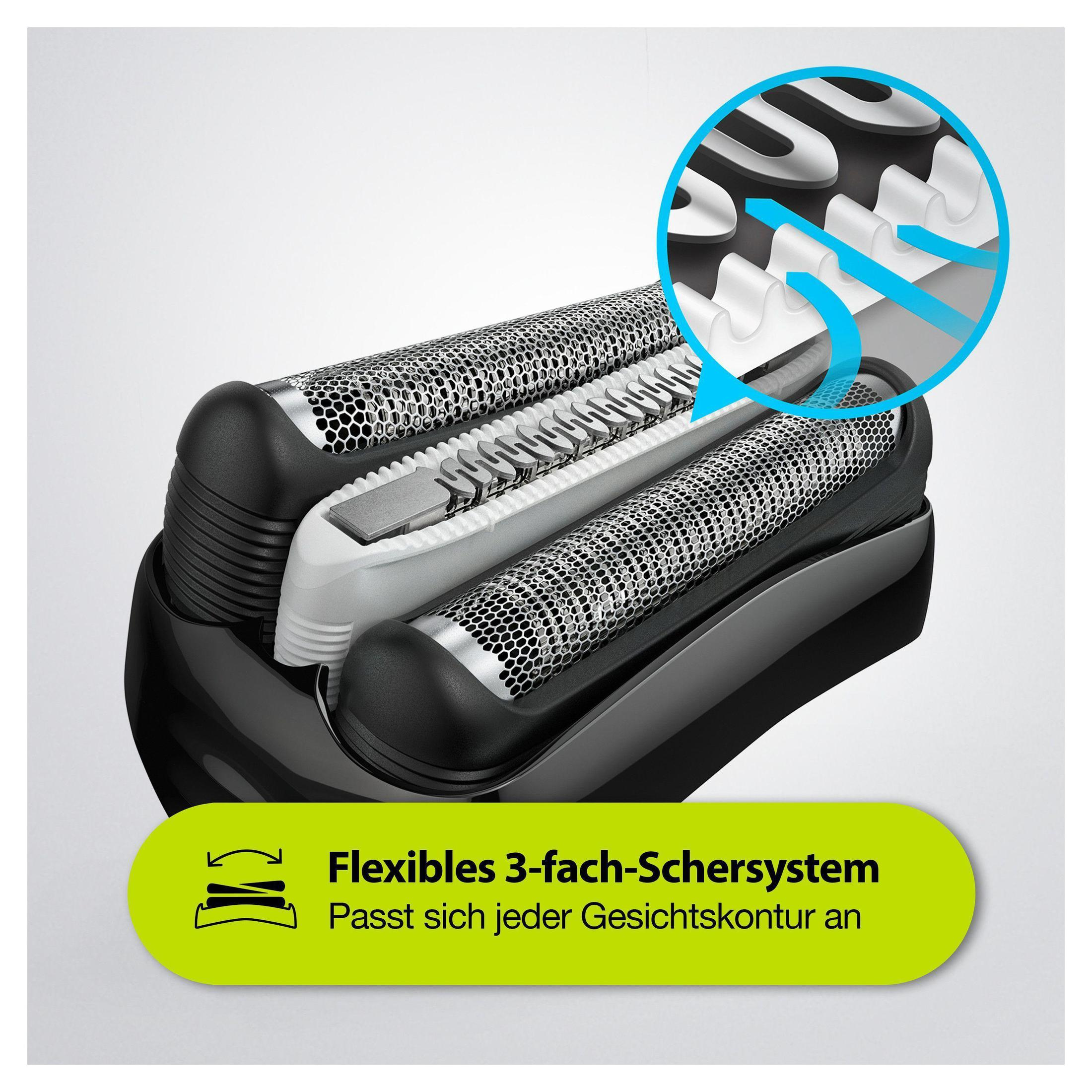 Nahaufnahme einer Rasierklinge mit dem Text Flexibles 3-fach-Schersystem.