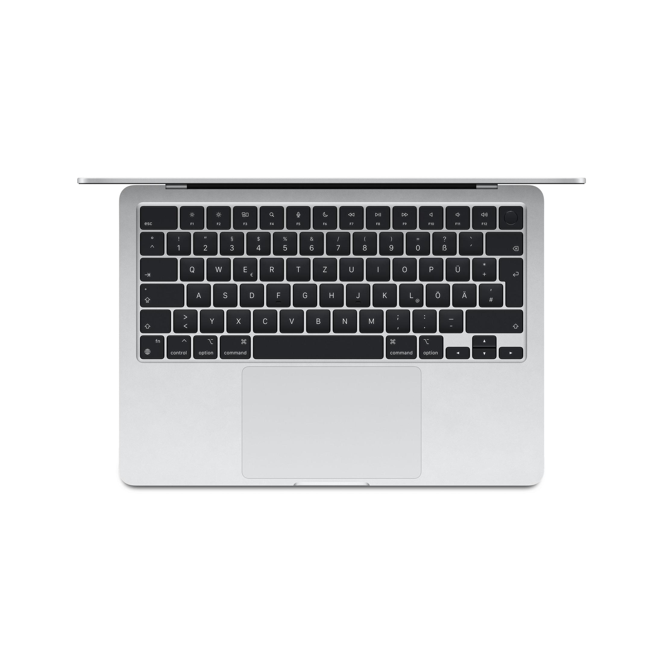 Draufsicht auf einen silbernen Laptop mit schwarzer Tastatur. Der Bildschirm ist geöffnet.