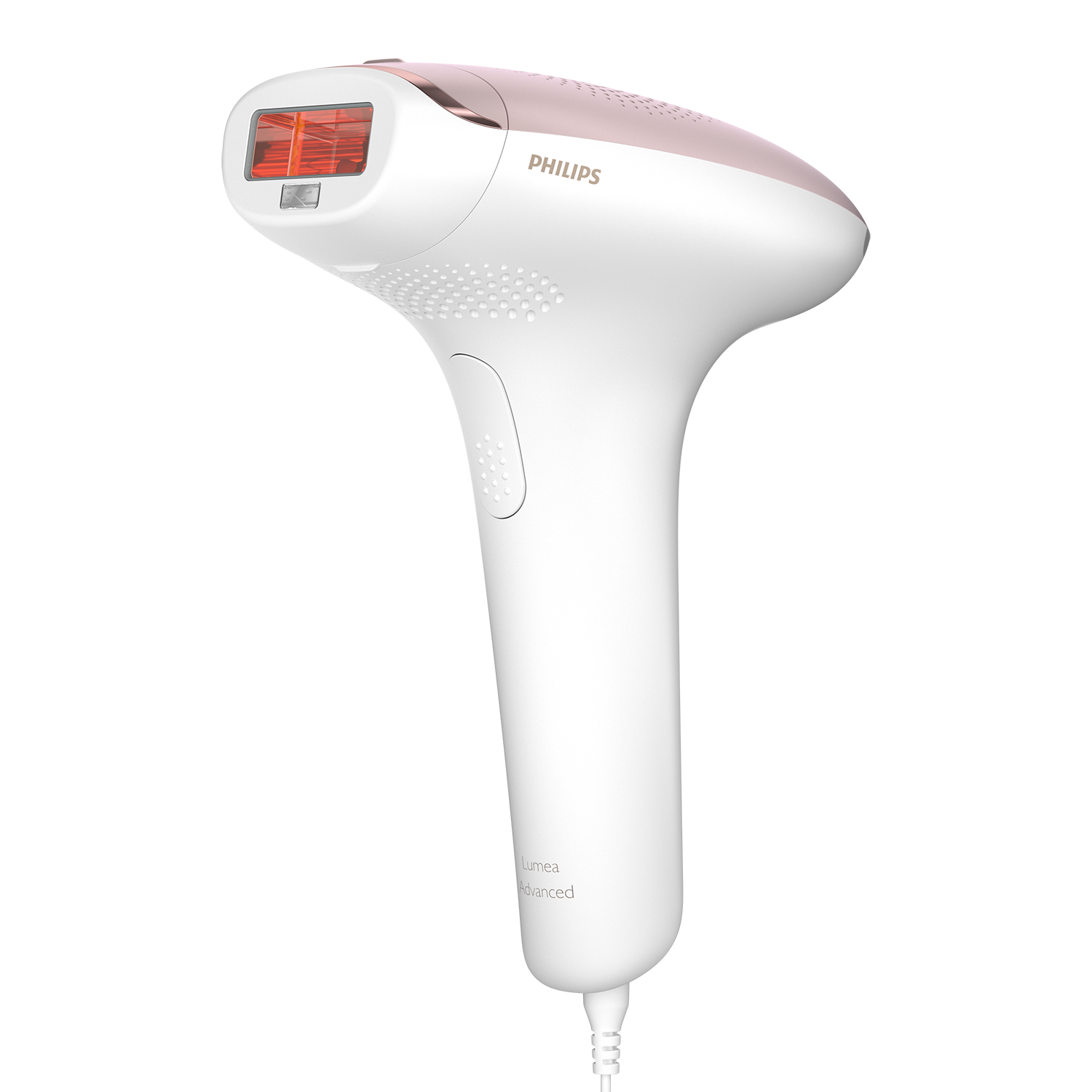 Dispositivo di epilazione Philips Lumea bianco con dettagli rosa, vista angolata.