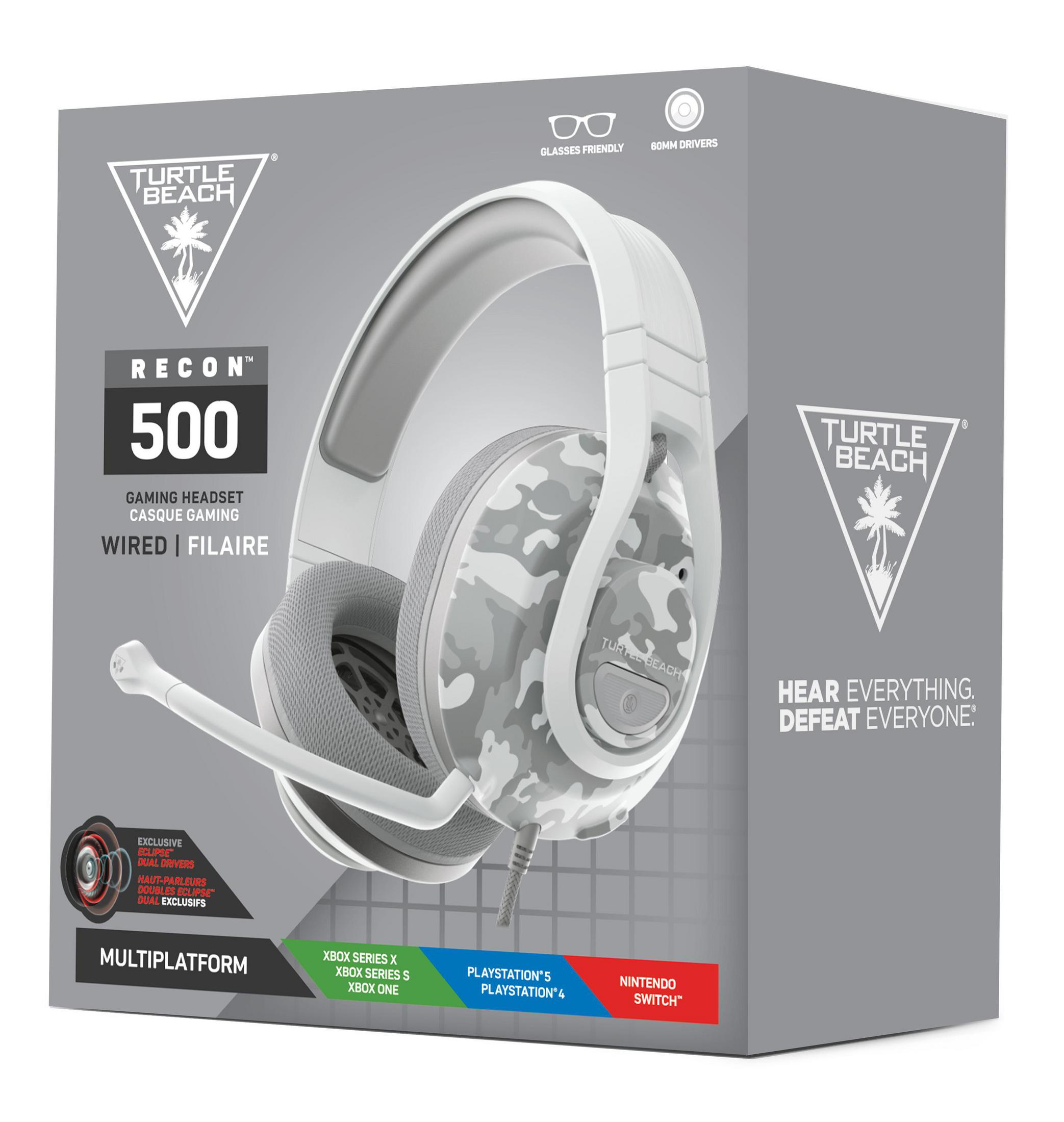 Un auricolare da gioco bianco e grigio in una scatola. La scatola ha più loghi e testo.