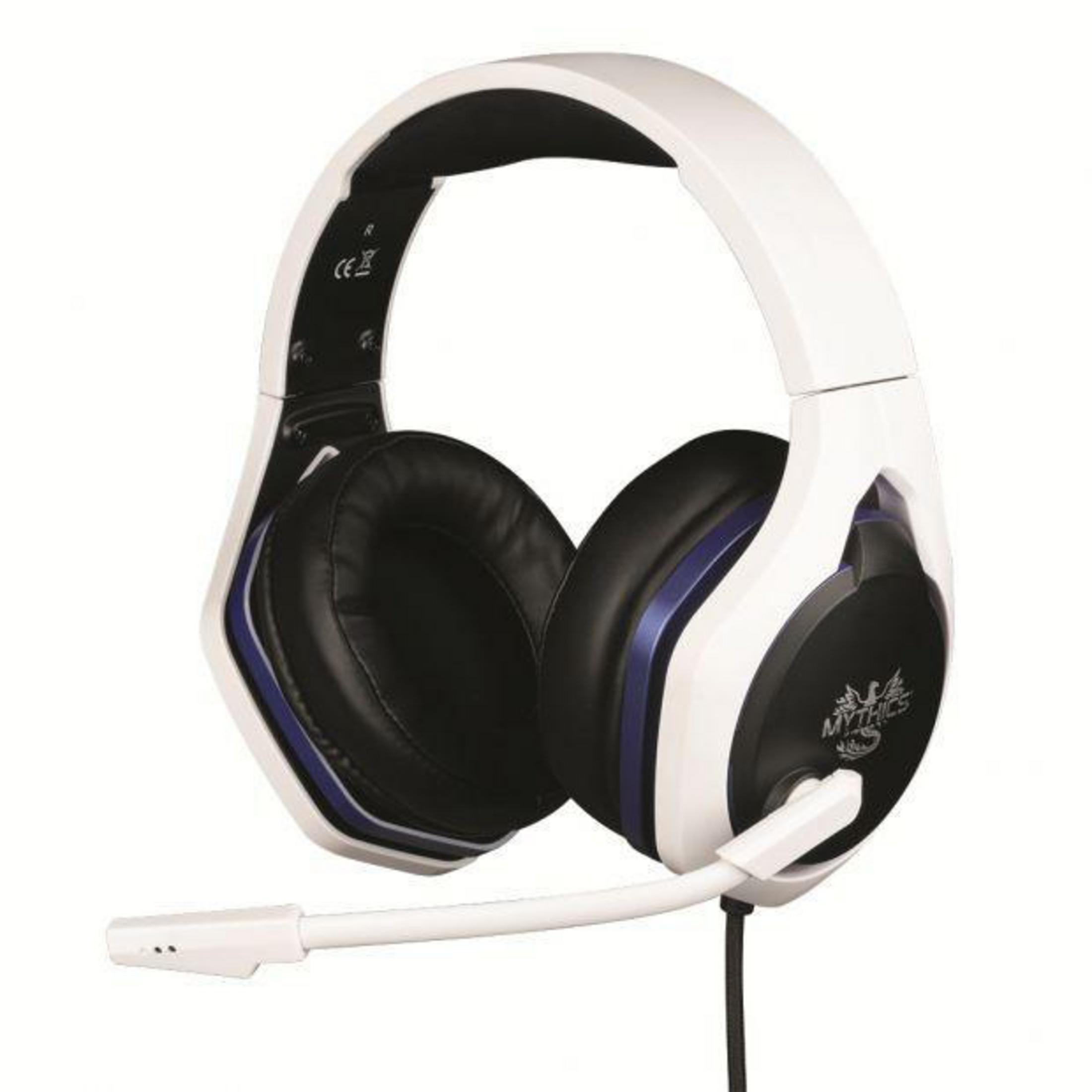 Weißes und schwarzes Gaming-Headset mit Mikrofon. Blaue Akzente. Mythics-Logo auf der Ohrmuschel.