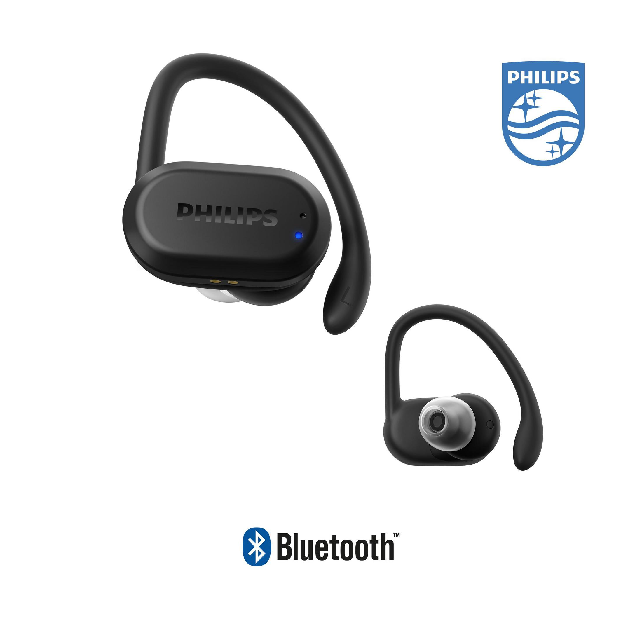 Auricolari Philips wireless, neri, e un logo Bluetooth, isolati su sfondo bianco.