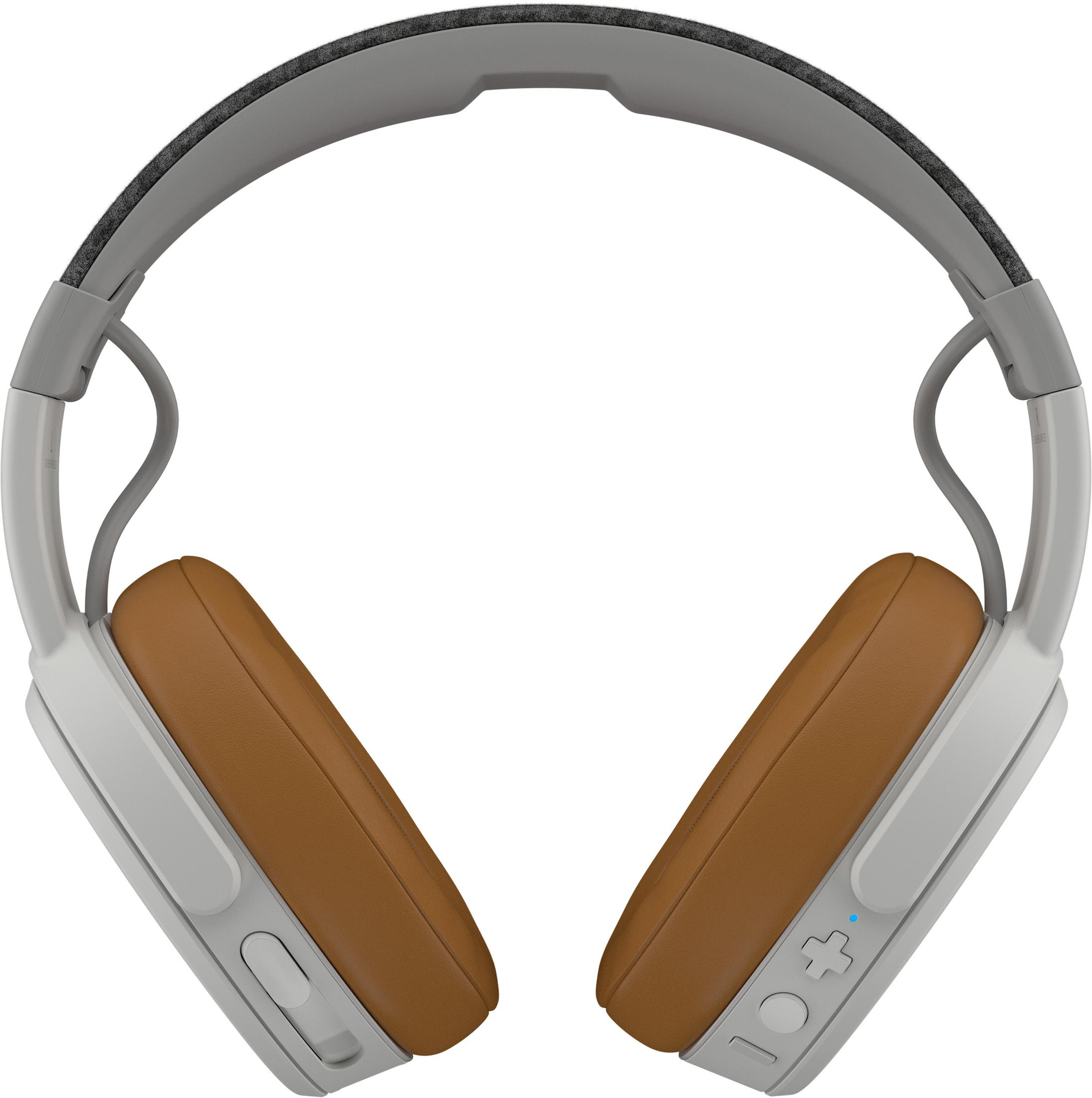 Over-Ear-Kopfhörer, grauer Rahmen, braune Ohrmuscheln, Bedienelemente seitlich, weißer Hintergrund.