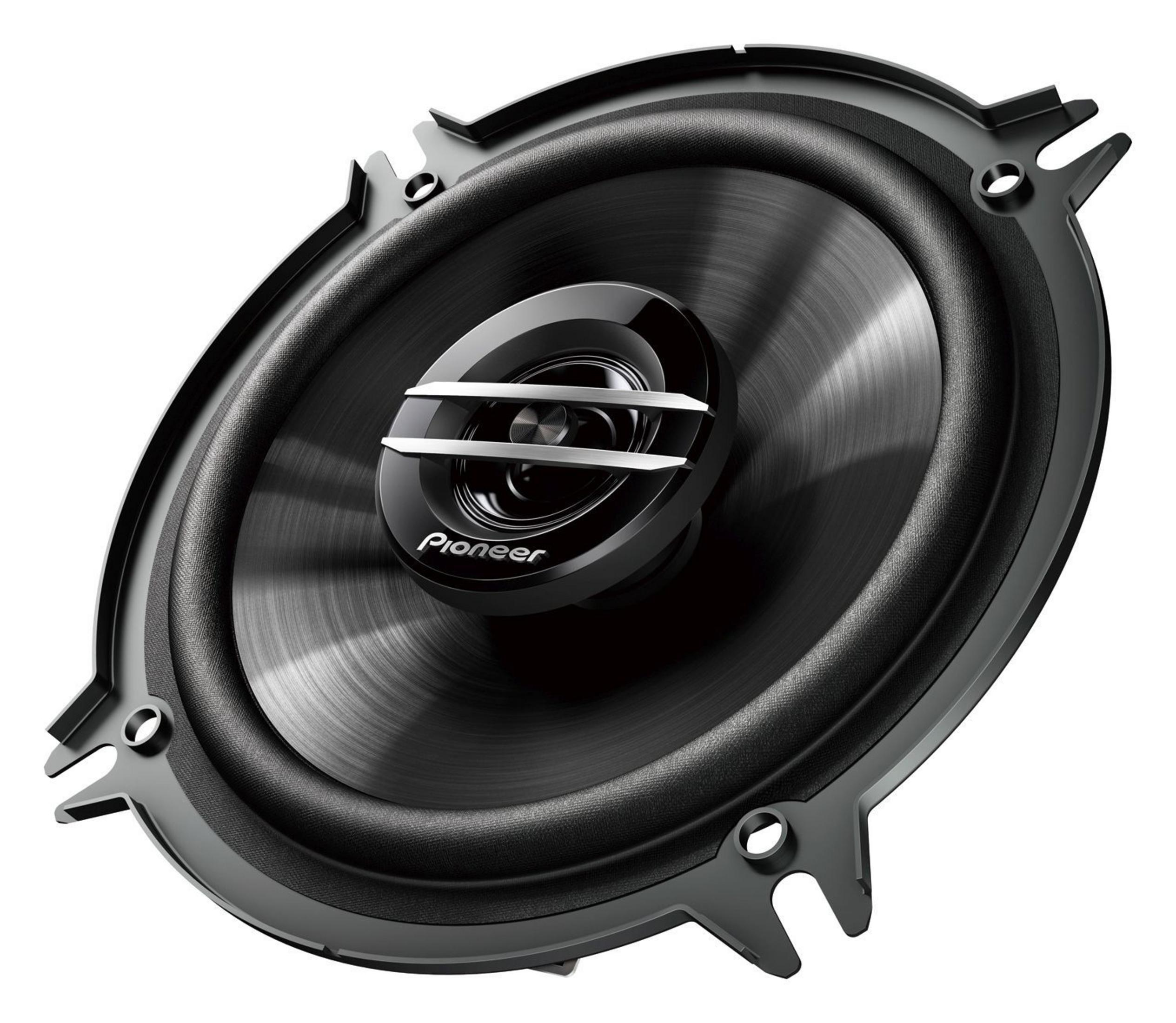 Un altavoz de coche negro con el logotipo de Pioneer. El altavoz es redondo y tiene un centro de malla.