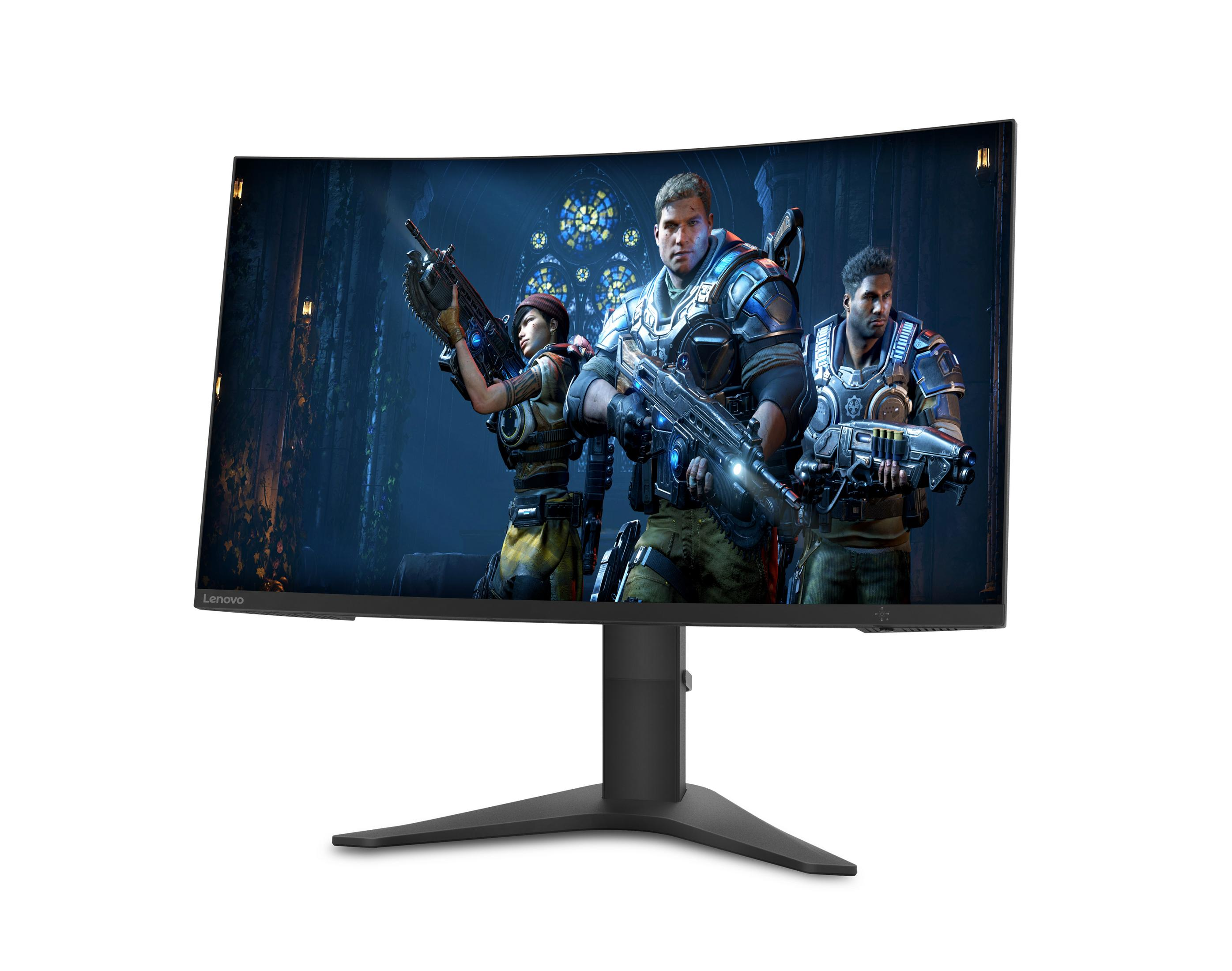 Ein gekrümmter Gaming-Monitor, der eine Spielszene mit drei Charakteren mit Waffen zeigt.