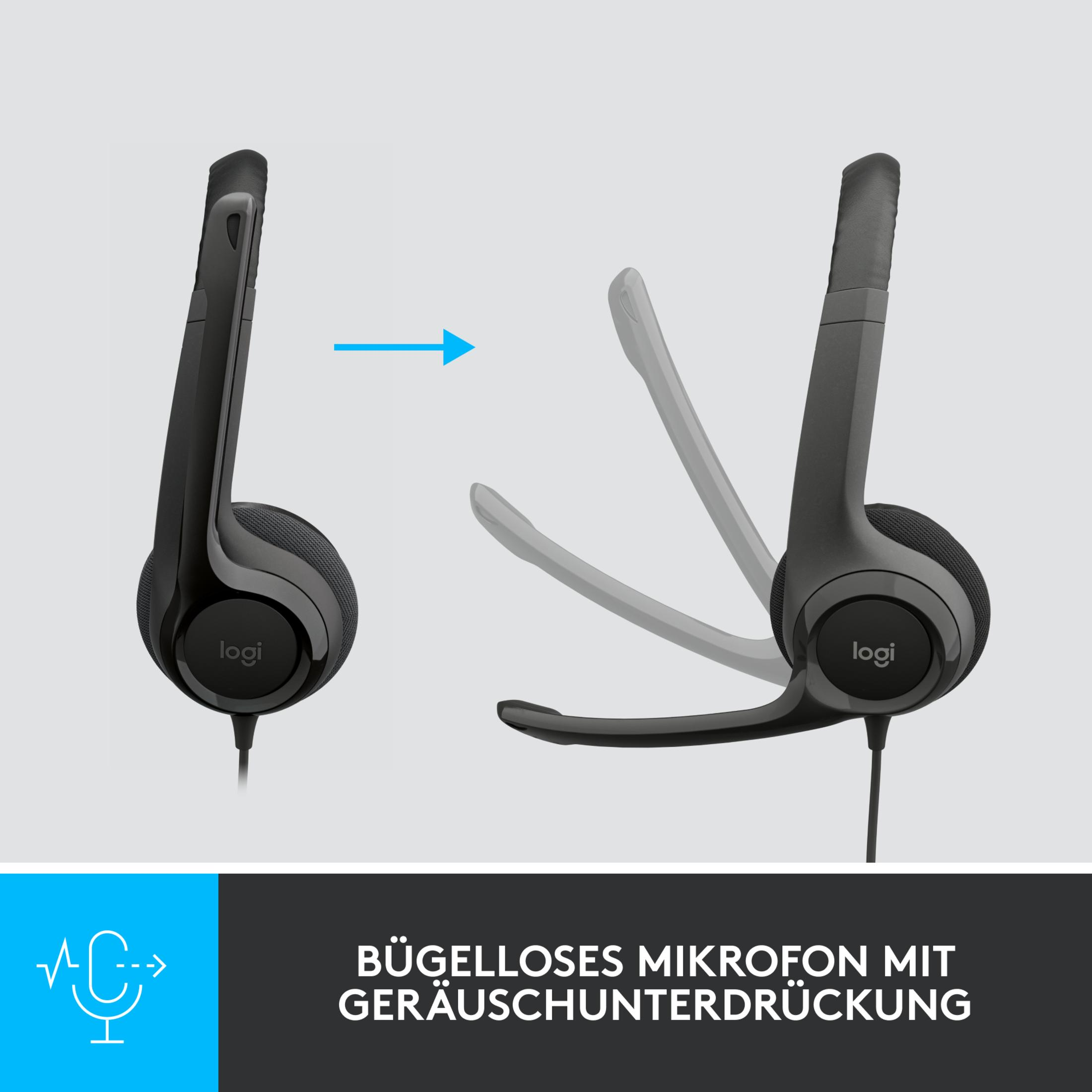 Cuffie Logitech nere. L'immagine mostra le cuffie in due posizioni, con e senza microfono.
