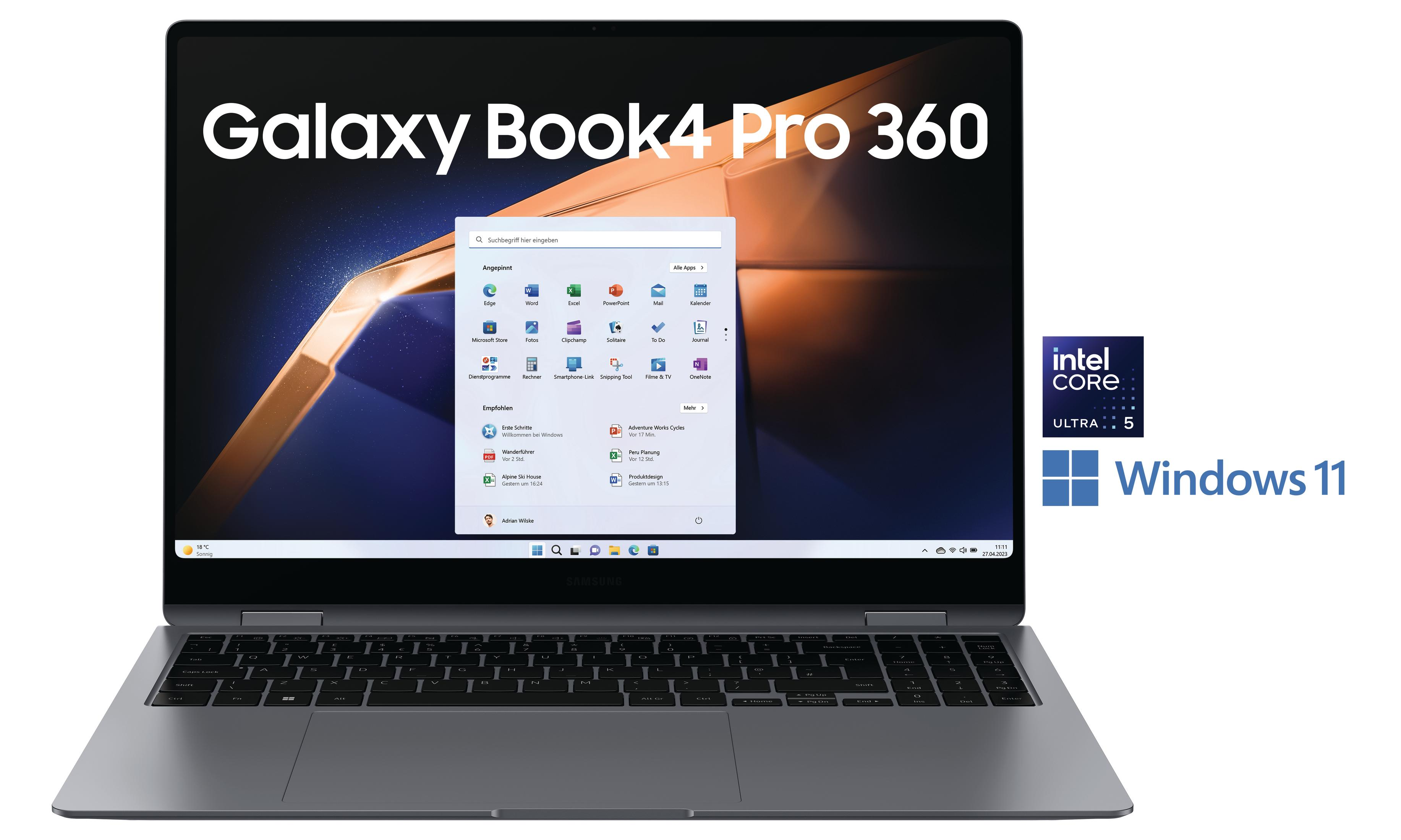 Srebrny laptop, Galaxy Book4 Pro 360, z otwartym interfejsem Windows 11, wyświetla menu aplikacji.