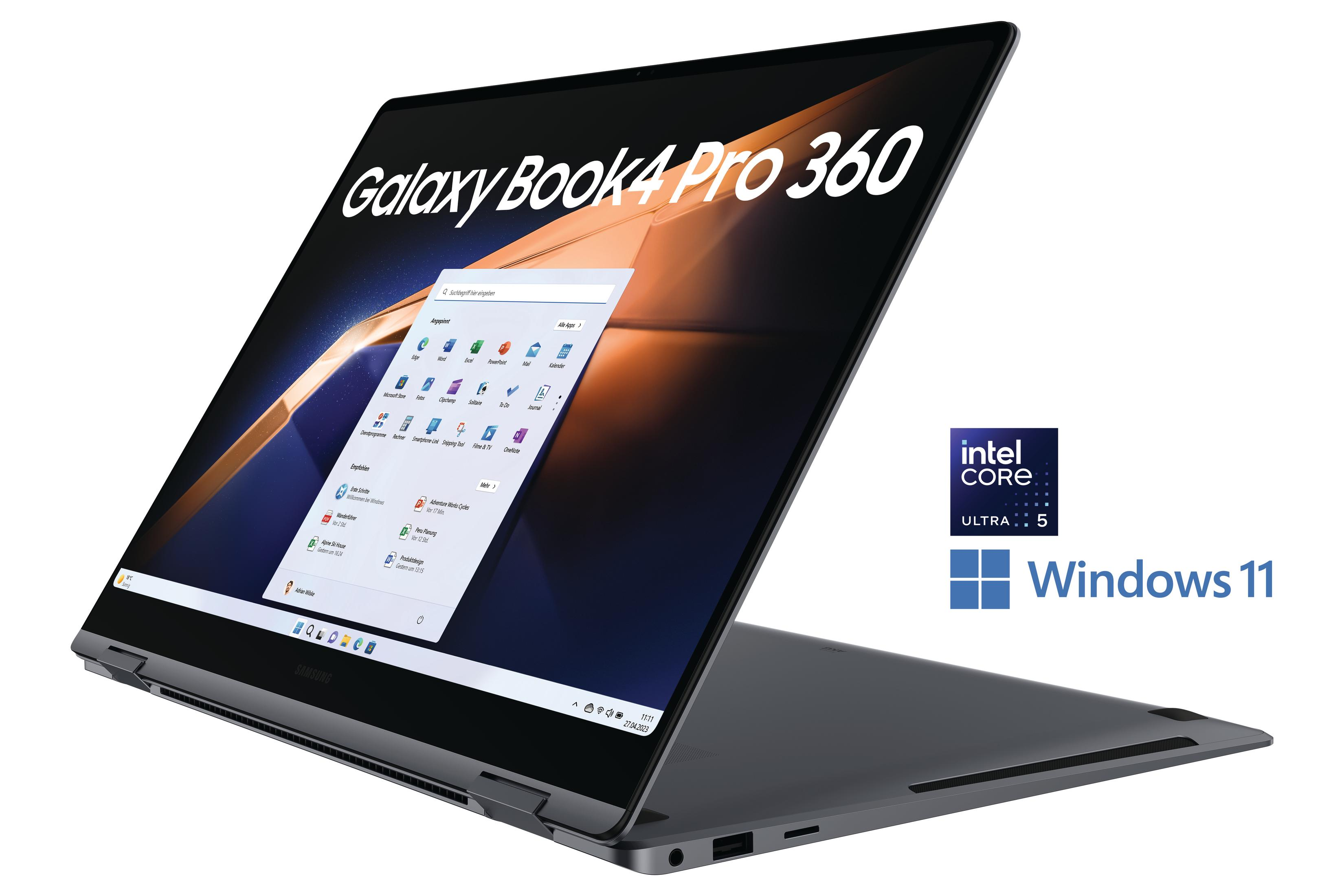 Czarny laptop otwarty, pod kątem, z wyświetlaczem Windows 11. Nazwa marki to Galaxy Book4 Pro 360. Naklejka Intel Core.