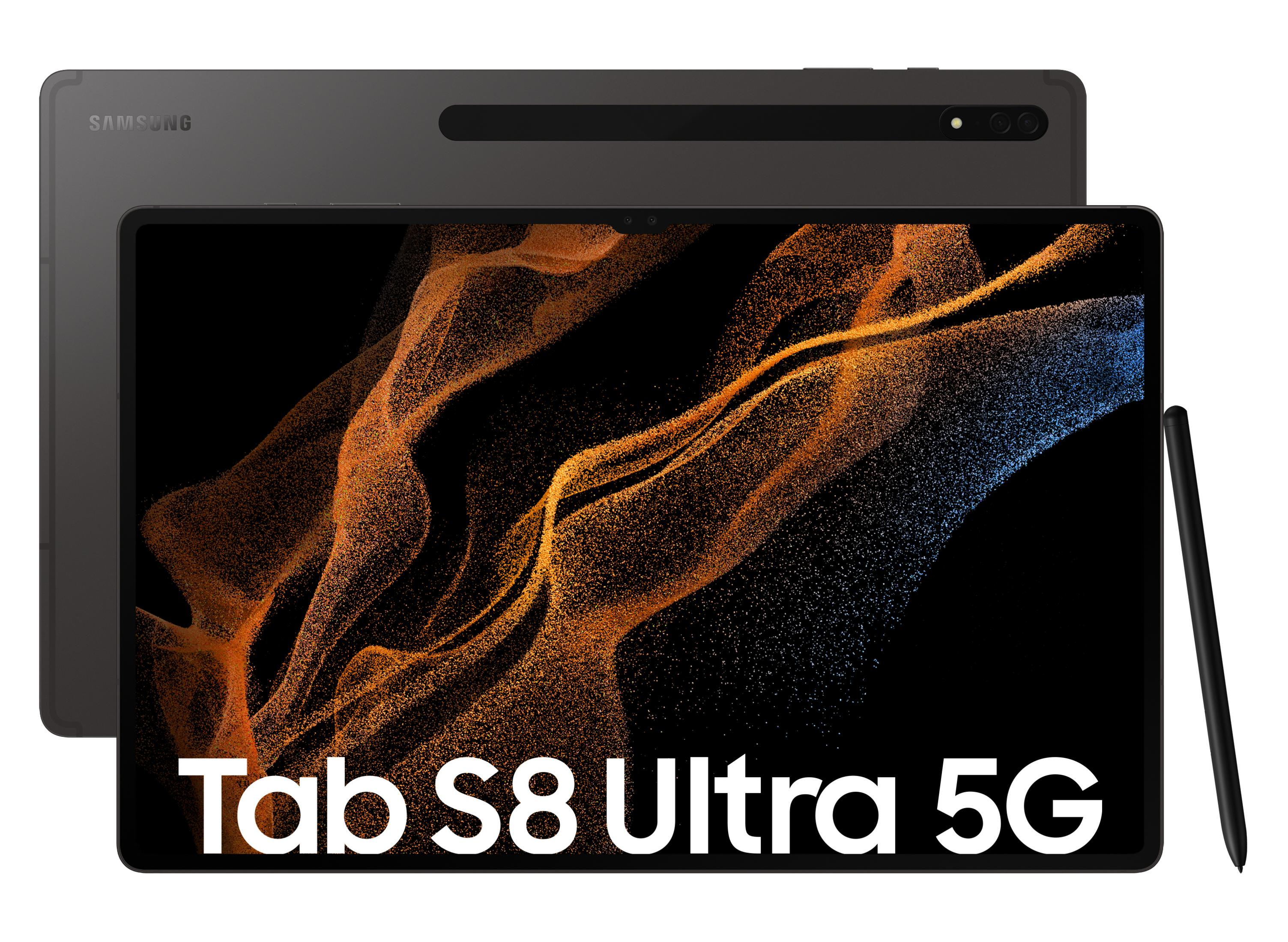 Ein schwarzes Tablet mit dem Text 'Tab S8 Ultra 5G' und einem Eingabestift.