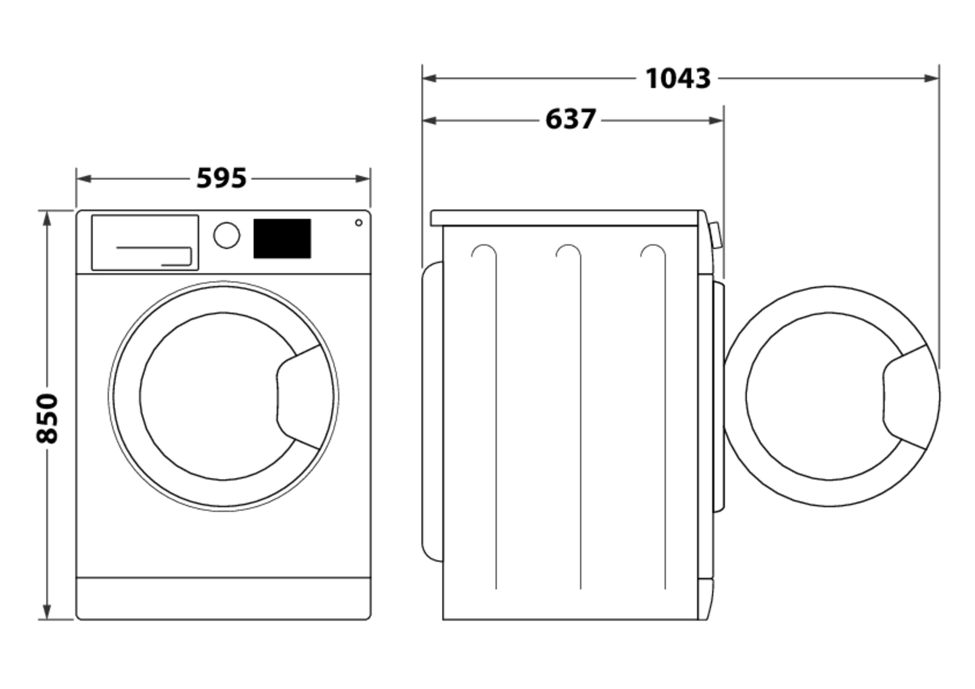 Waschmaschinen-Diagramm. Vorder-, Seiten- und Draufsicht mit Maßen.
