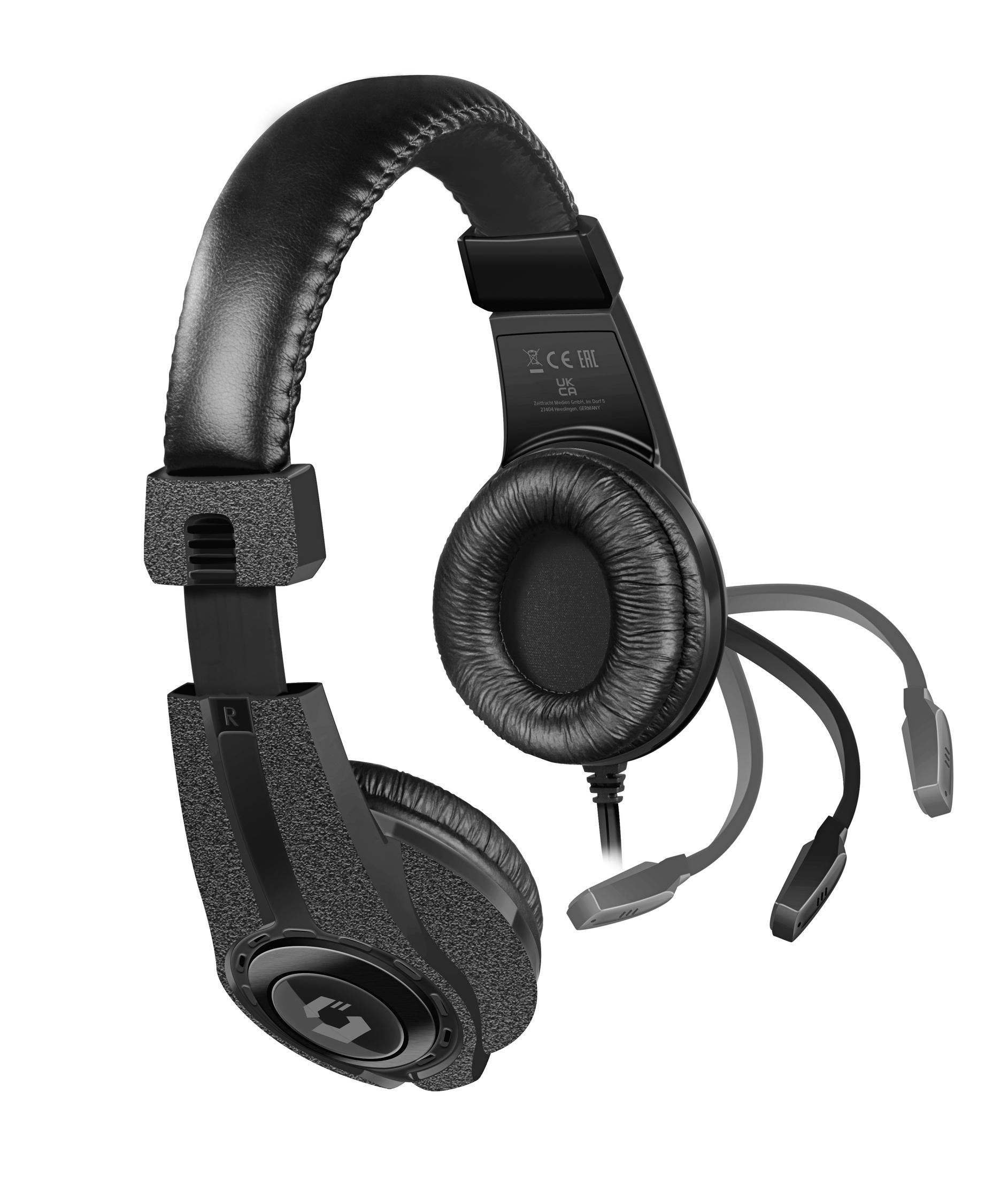 Black headphones with microphone. The earpads are thick, and the mic is flexible.