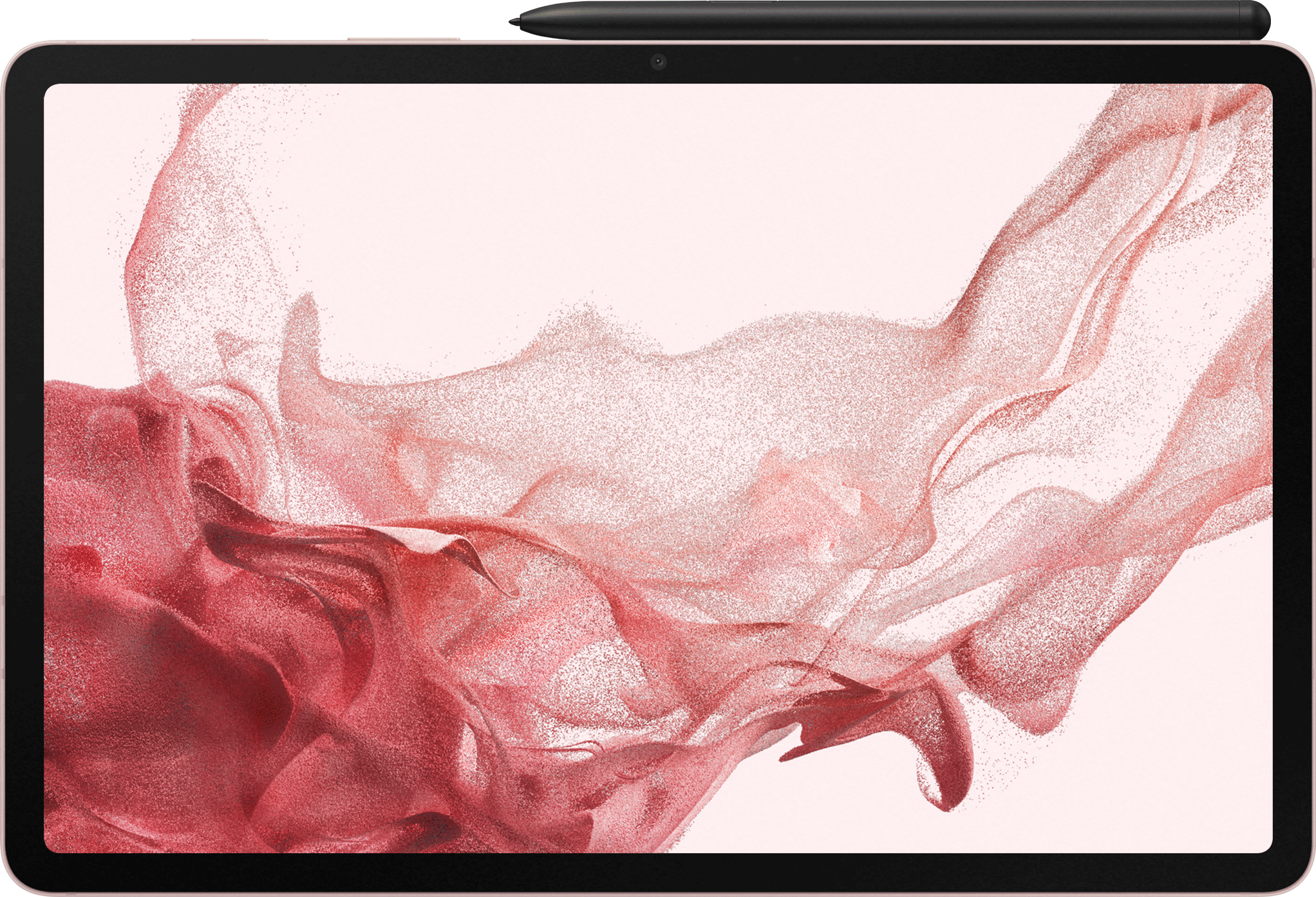 Tableta con lápiz, fondo ondulado rosa y rojo.