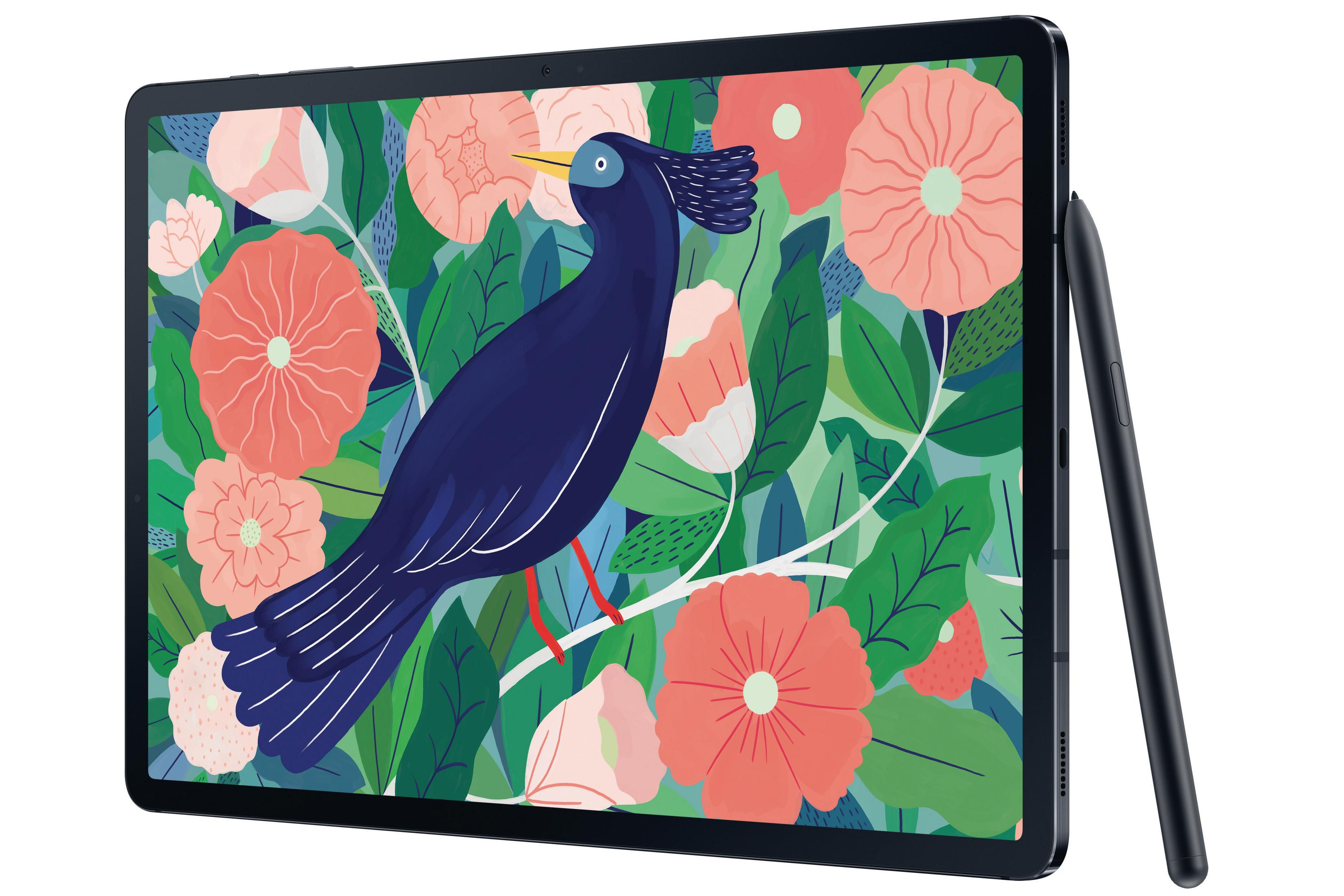 Tablet mit buntem Bildschirm, der einen Vogel und Blumen zeigt. Ein Stift lehnt am Tablet.